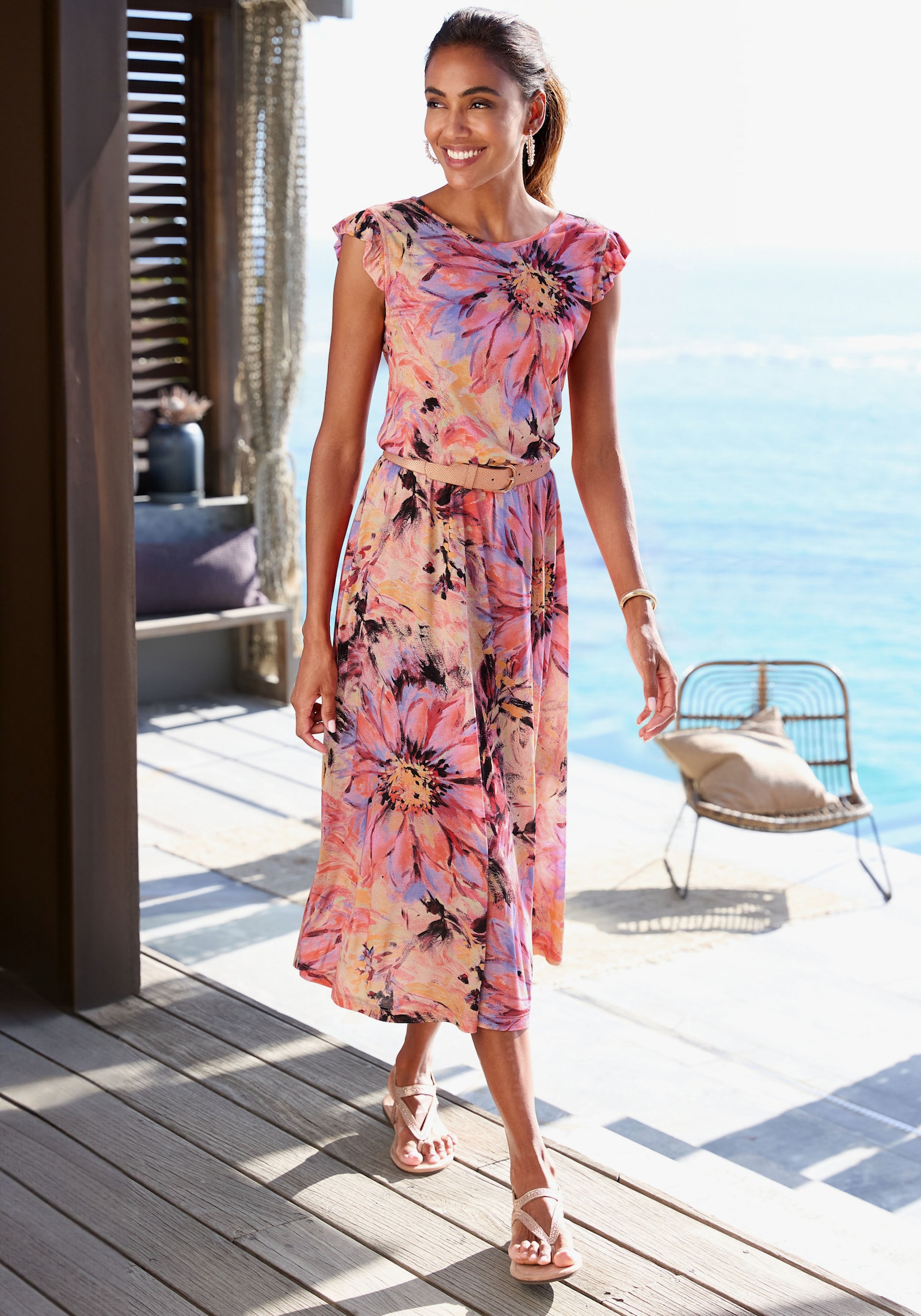 LASCANA Midikleid - pink bedruckt