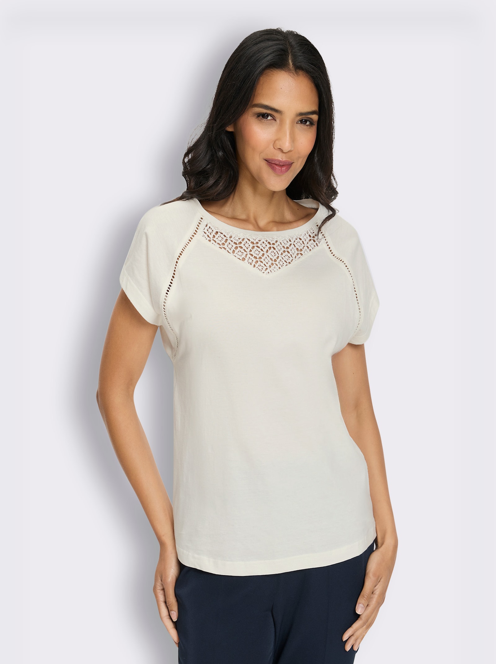 3/4-Arm-Shirt mit Spitzeneinsatz - ecru