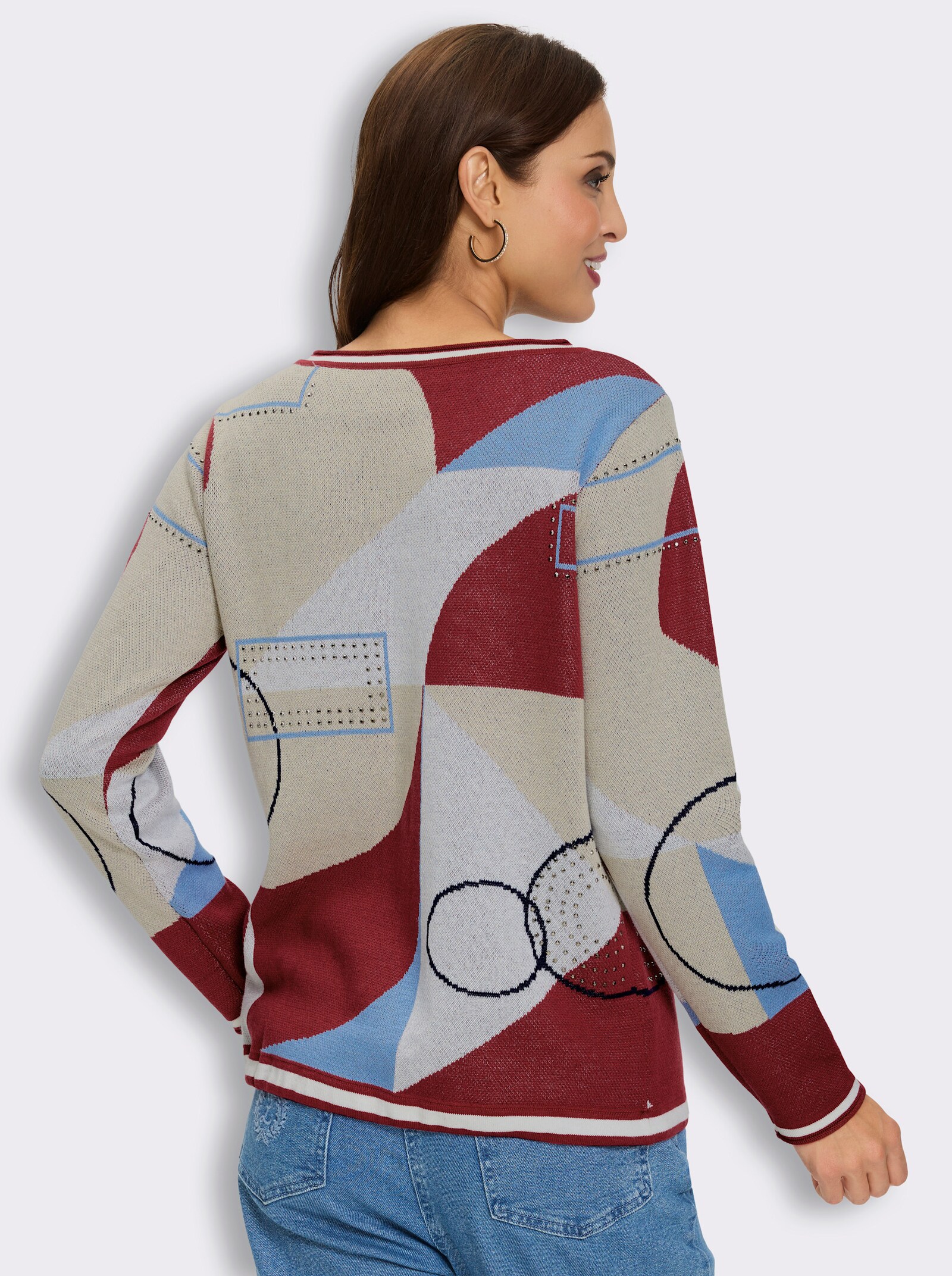 Jacquard-Pullover mit Glitzersteinchen - kirsche-himmelblau-bedruckt