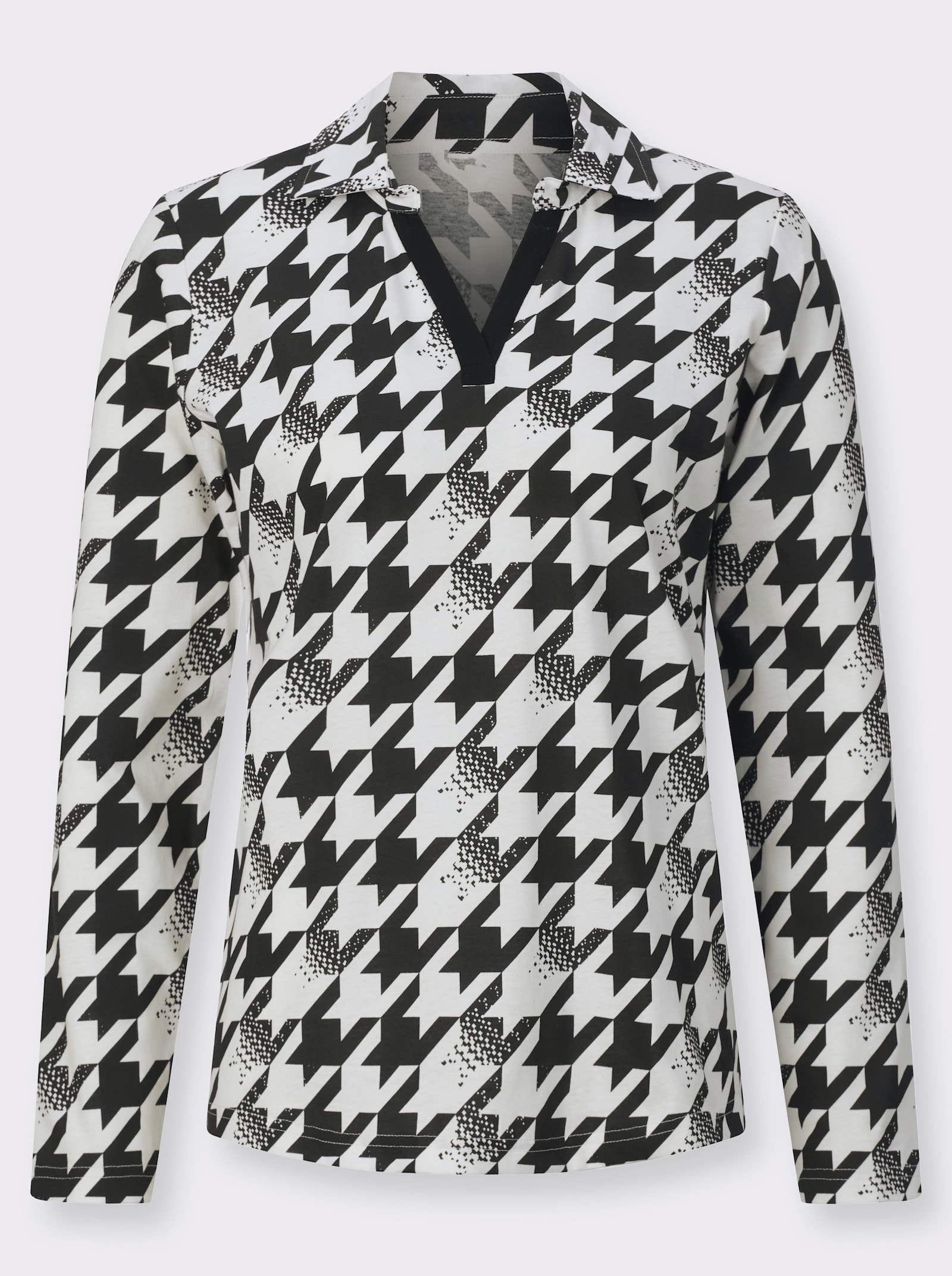 Langarmshirt mit Hahnentritt-Muster - schwarz-ecru-bedruckt
