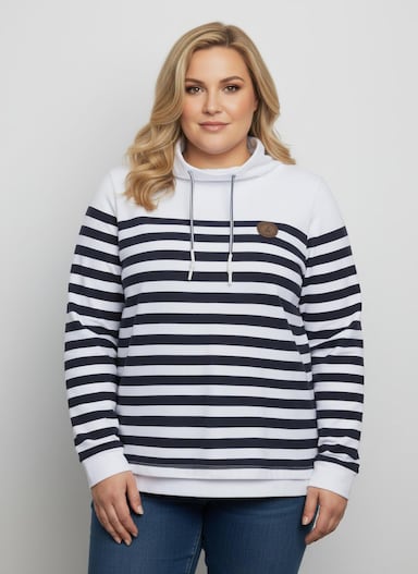Sweatshirt mit verlängertem Rückteil - weiß-marine-geringelt