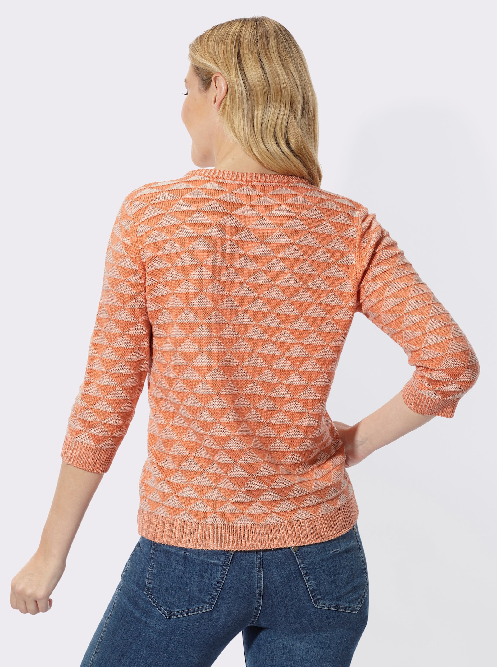 V-Ausschnitt-Pullover mit Strickmuster - papaya-ecru-gemustert