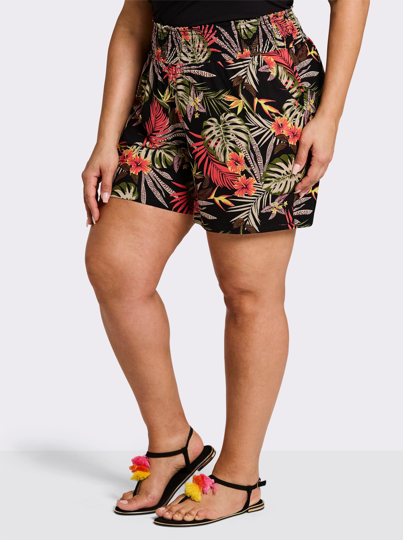 sheego Jerseybroek in kort, wijd model - zwart/bordeaux bedrukt