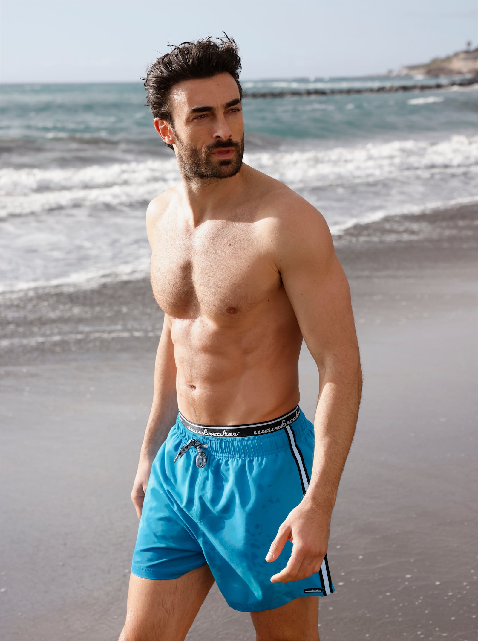 Badehose mit seitlichen Kontraststreifen - mittelblau