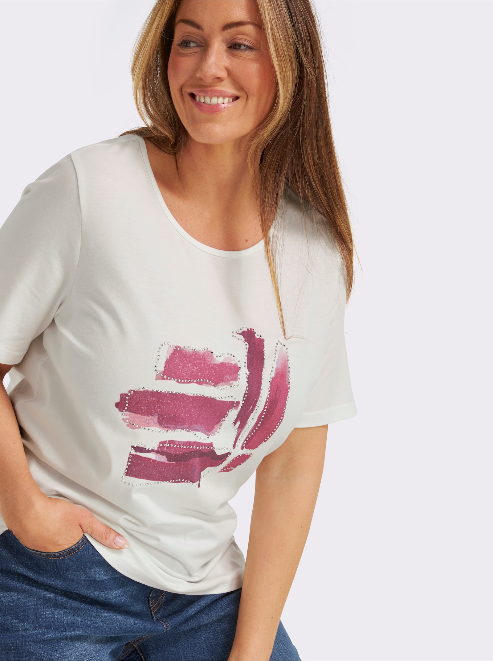 Kurzarmshirt mit Glitzersteinchen - ecru-fuchsia-bedruckt