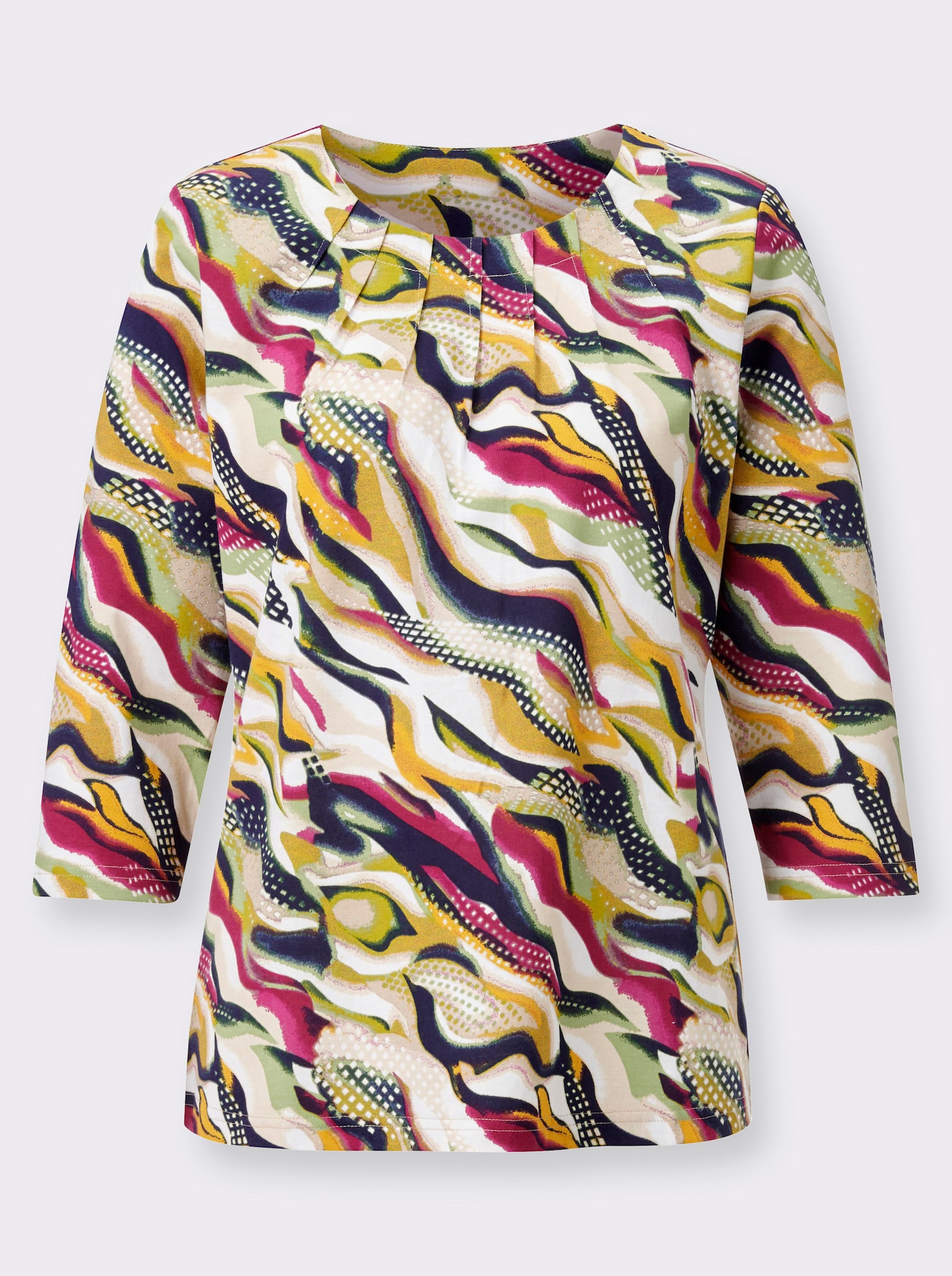 Shirt met 3/4-mouwen en plooien - malve/ecru bedrukt