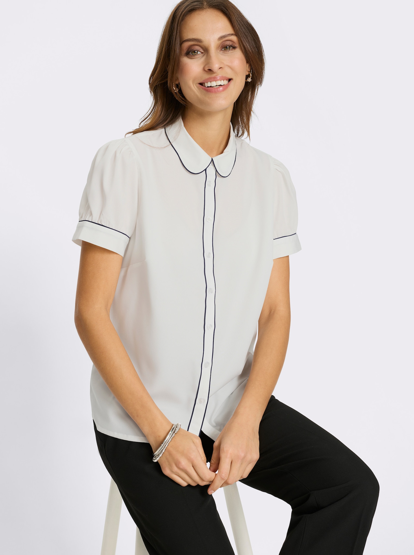 Kurzarmbluse mit Raffung - ecru