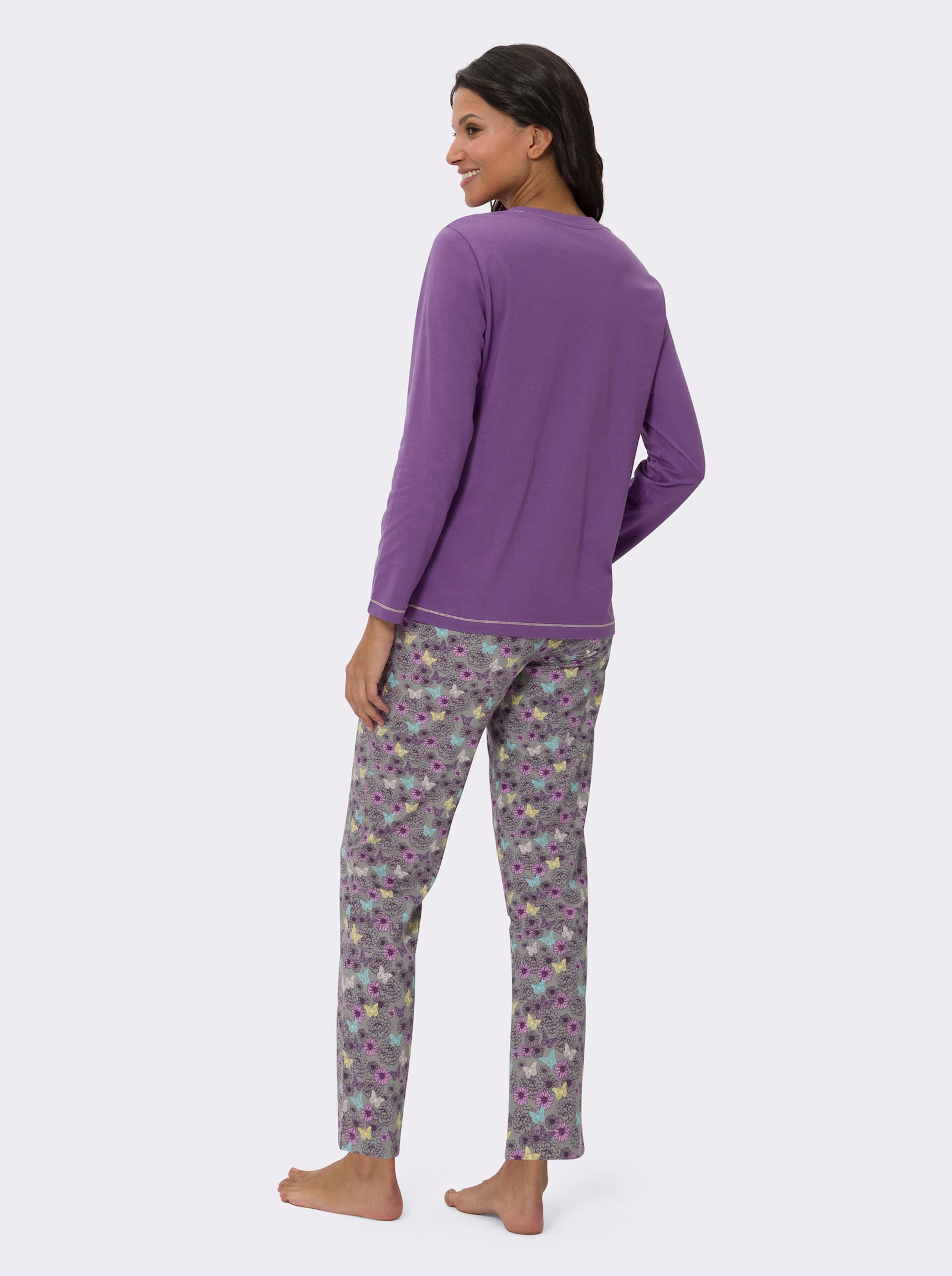 Schlafanzug mit Kontrast-Ziernähten - lila-steingrau-bedruckt