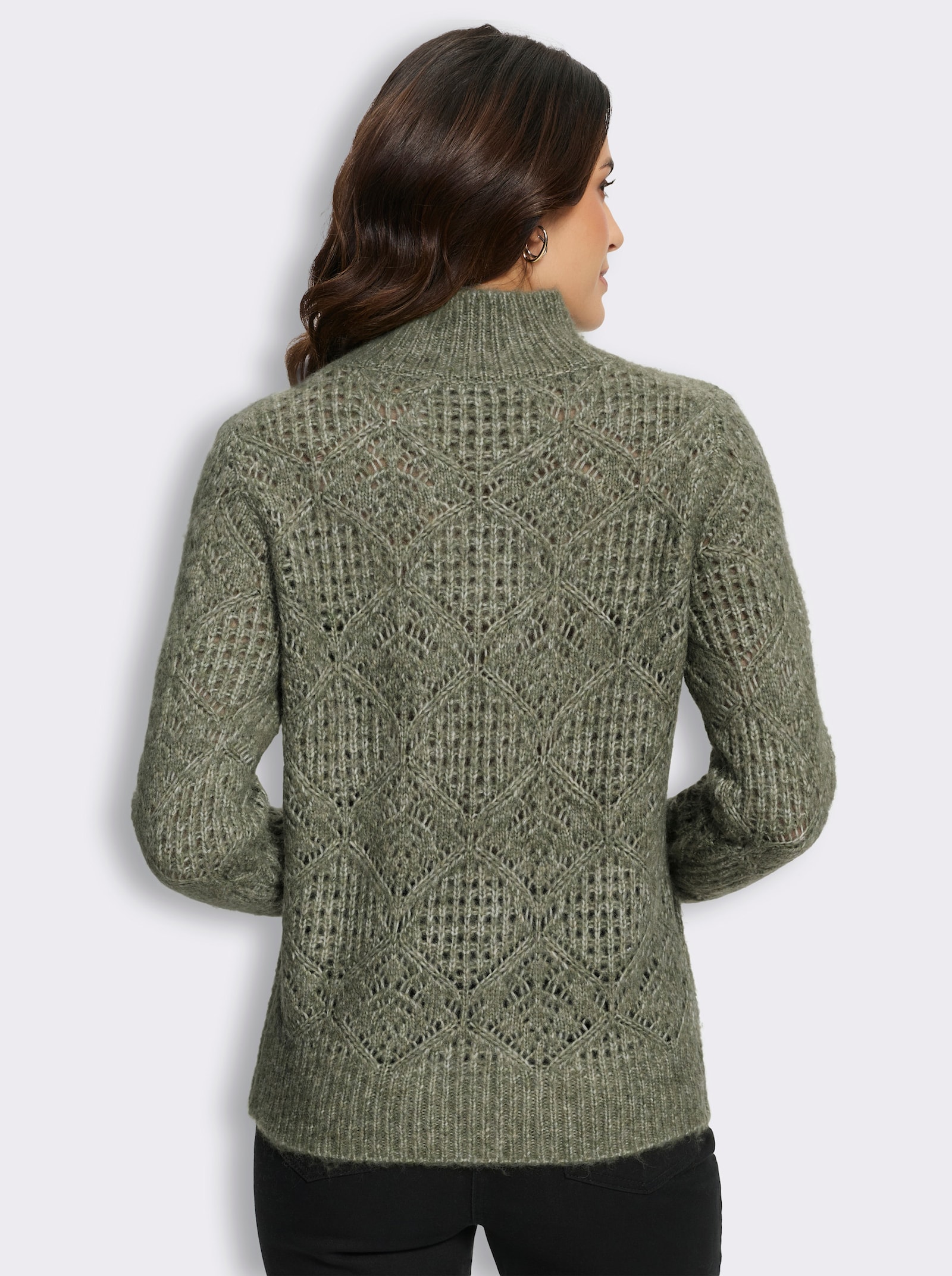 Stehkragenpullover im Ajourmuster - khaki-meliert