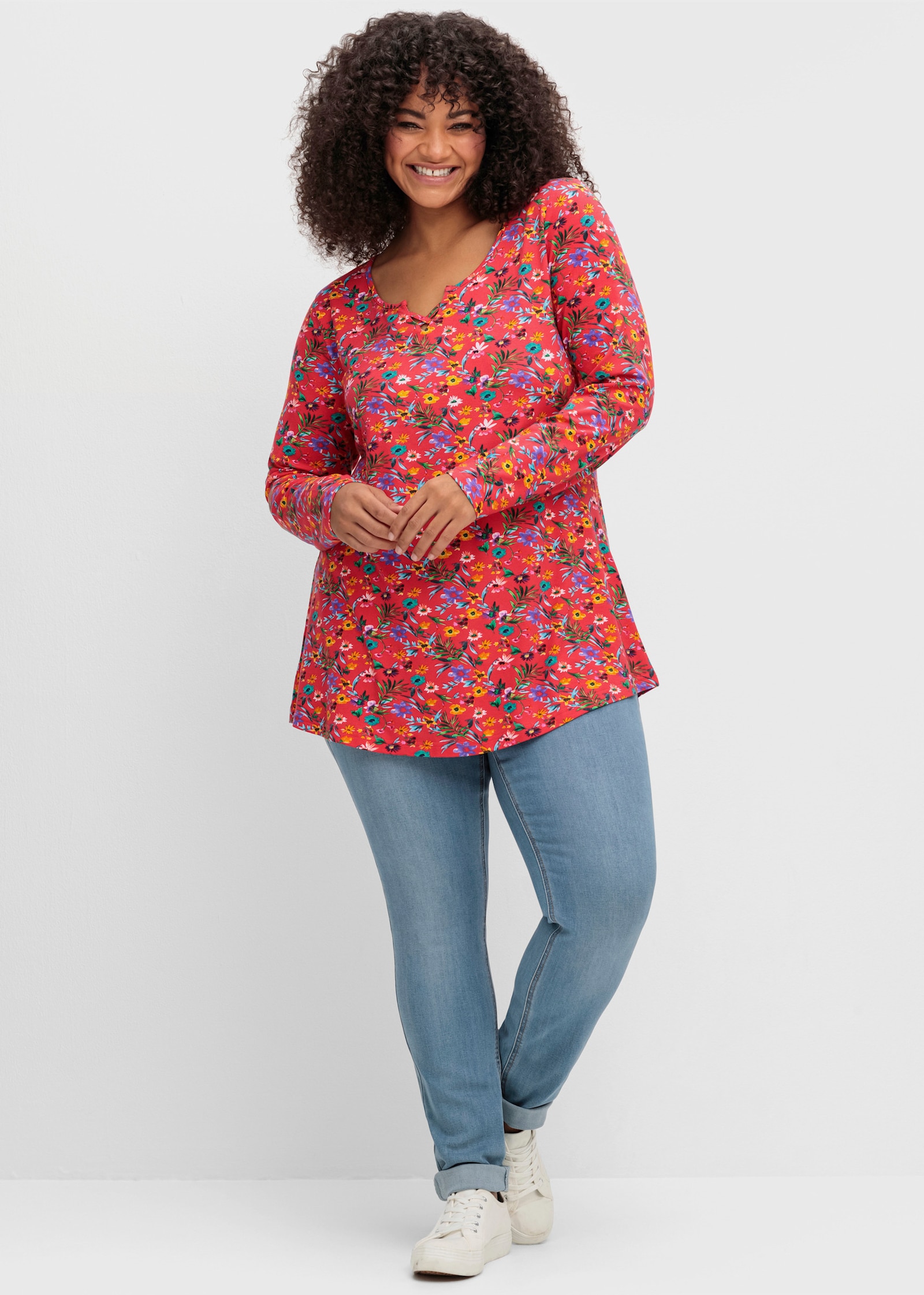 sheego by Joe Browns Lang shirt met bloemenprint - rood gedessineerd