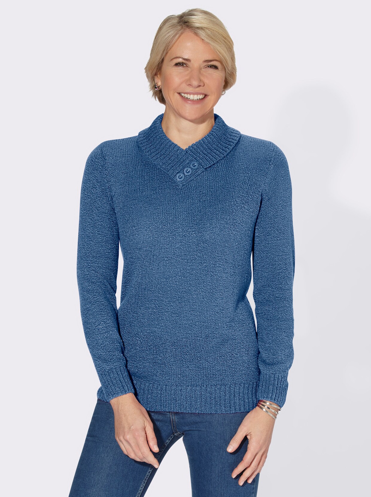 Pullover met V-hals - middenblauw gemêleerd