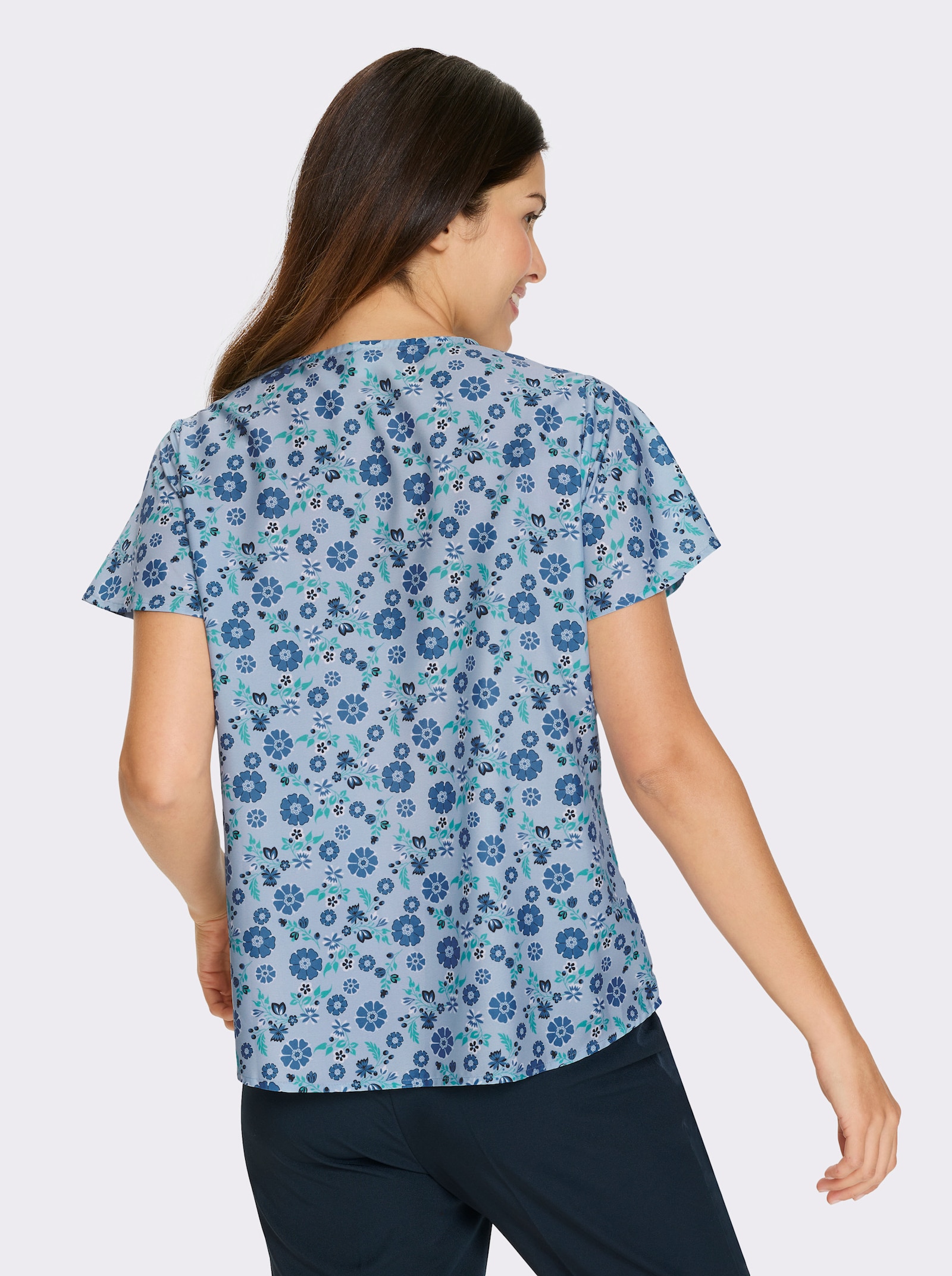 Navlékací halenka s balonkovými rukávy - ledová modrá-námořnická modrá-potisk