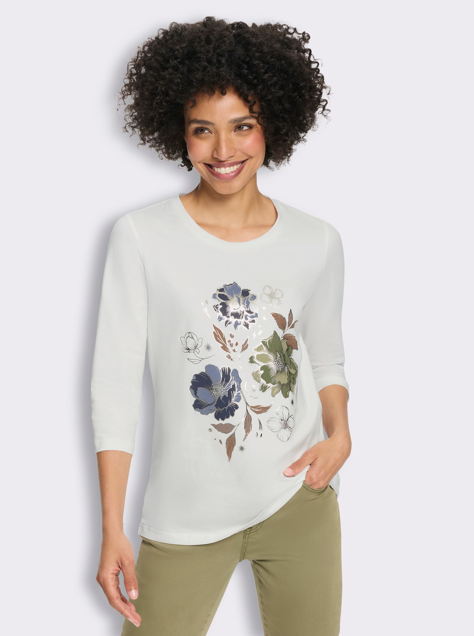 heine 3/4-Arm-Shirt mit Glanz-Details - ecru-braun-bedruckt