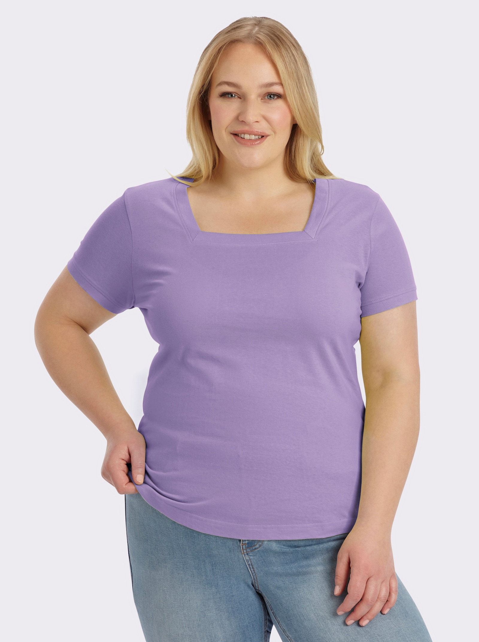 Kurzarmshirt mit Karree-Ausschnitt - lavendel