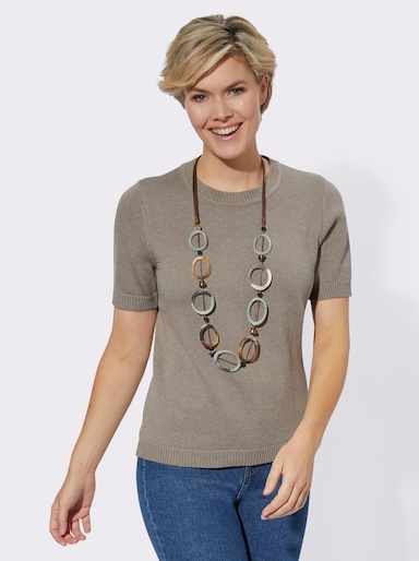 Kurzarmpullover mit Rippabschlüssen - taupe-meliert