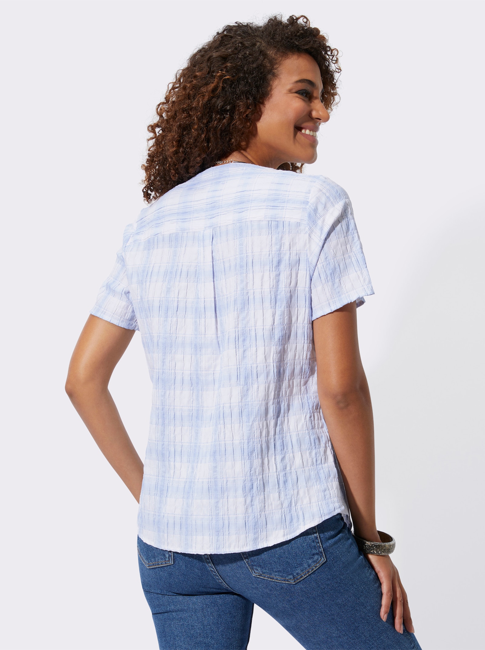 Geruite blouse van strijkvrij seersucker - hemelsblauw/ecru geruit