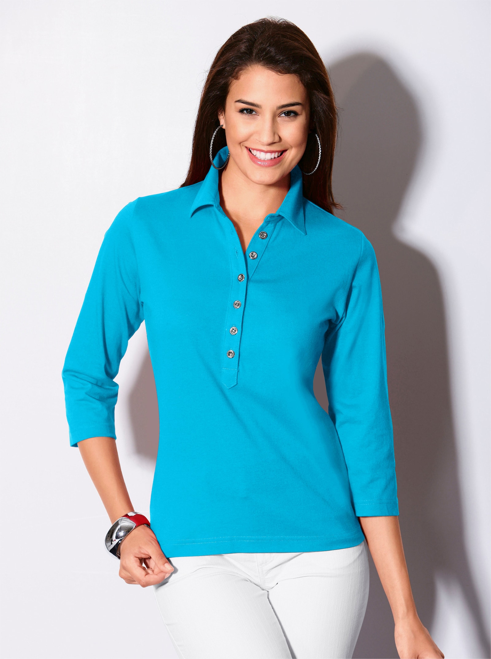 Poloshirt mit langer Knopfleiste - aqua