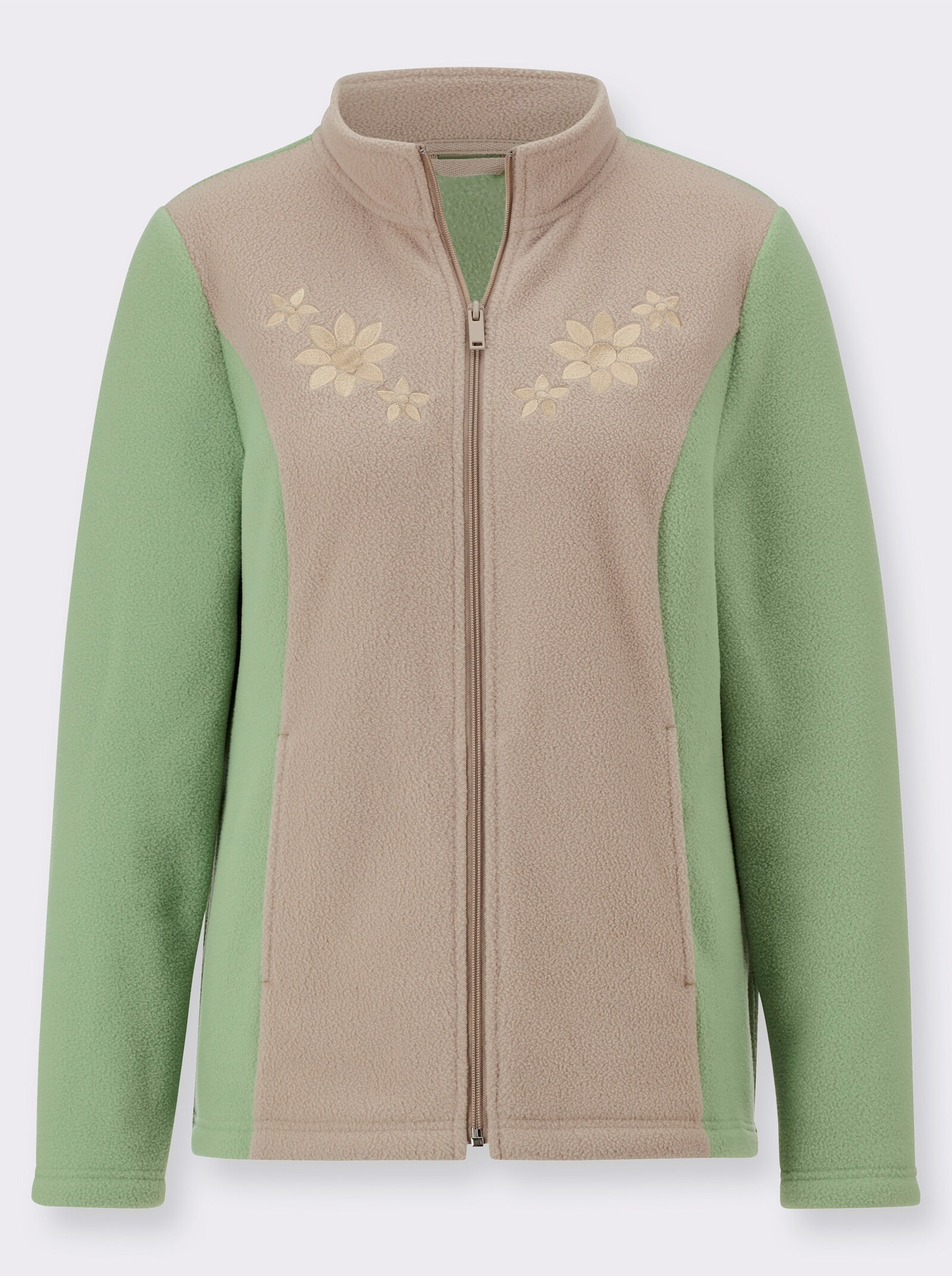 Fleecejack met folkloreborduursel - eucalyptus/sesam