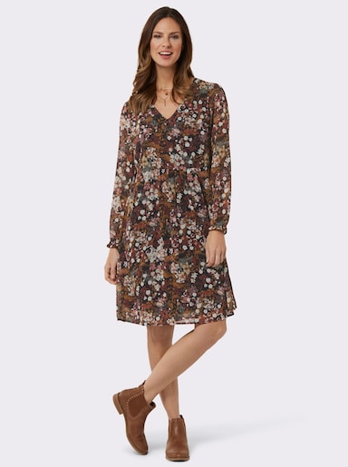 Druckkleid mit Smokabschluss an den Ärmeln - schwarz-bedruckt