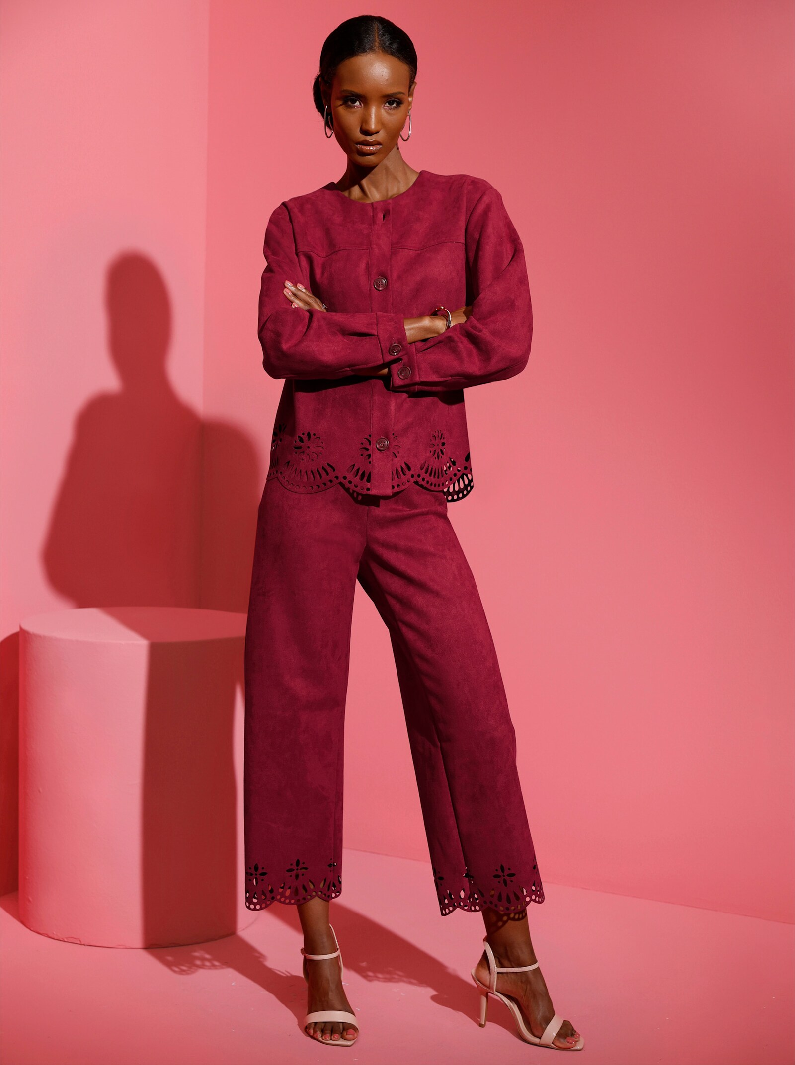 Korte blazer in suèdelook - donkerrood