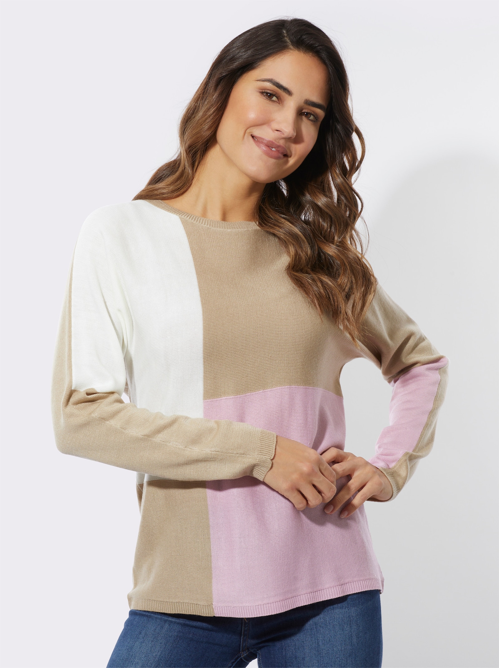 Rundhalspullover mit Fledermaus-Ärmeln - beige-ecru-gemustert