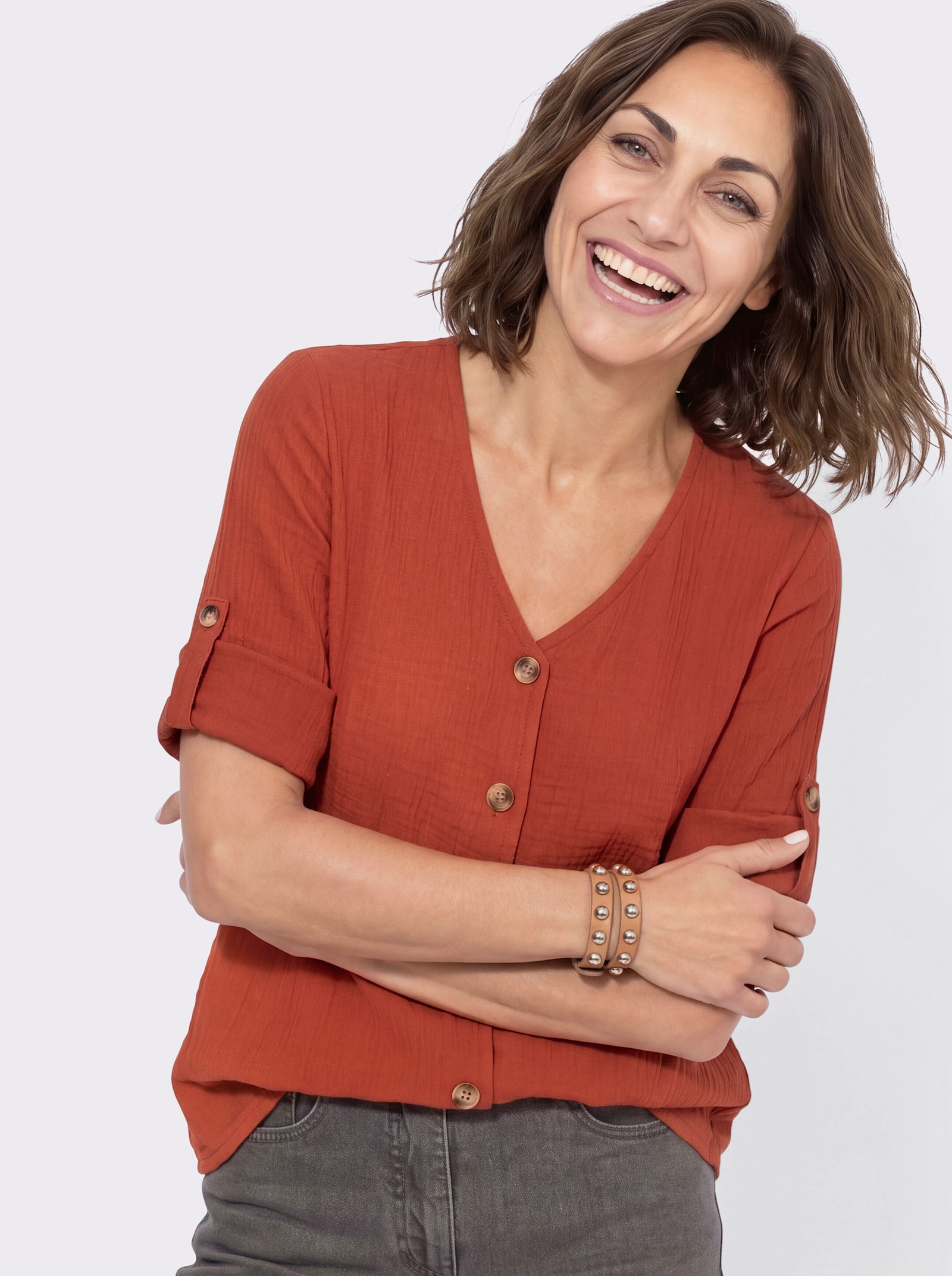 3/4-Arm-Bluse mit Krempelfunktion - rostrot