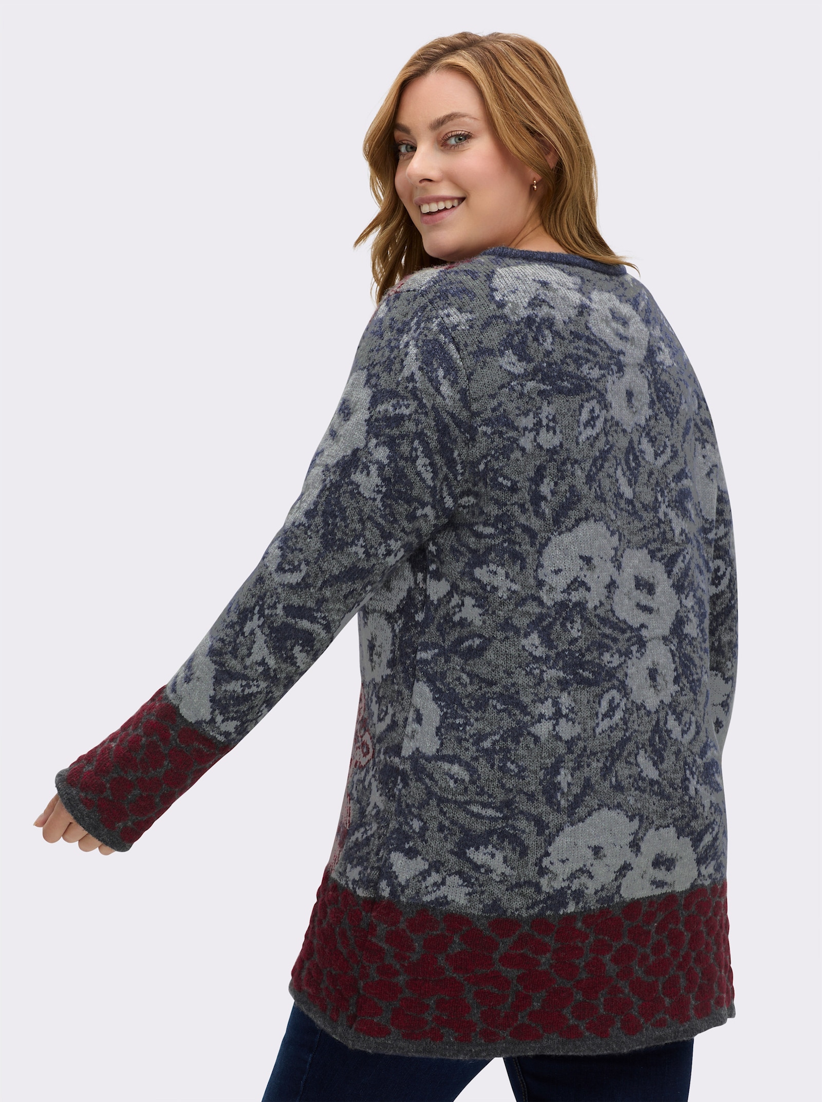 Jacquardstrickjacke für Drinnen und Draußen - rauchblau-gemustert