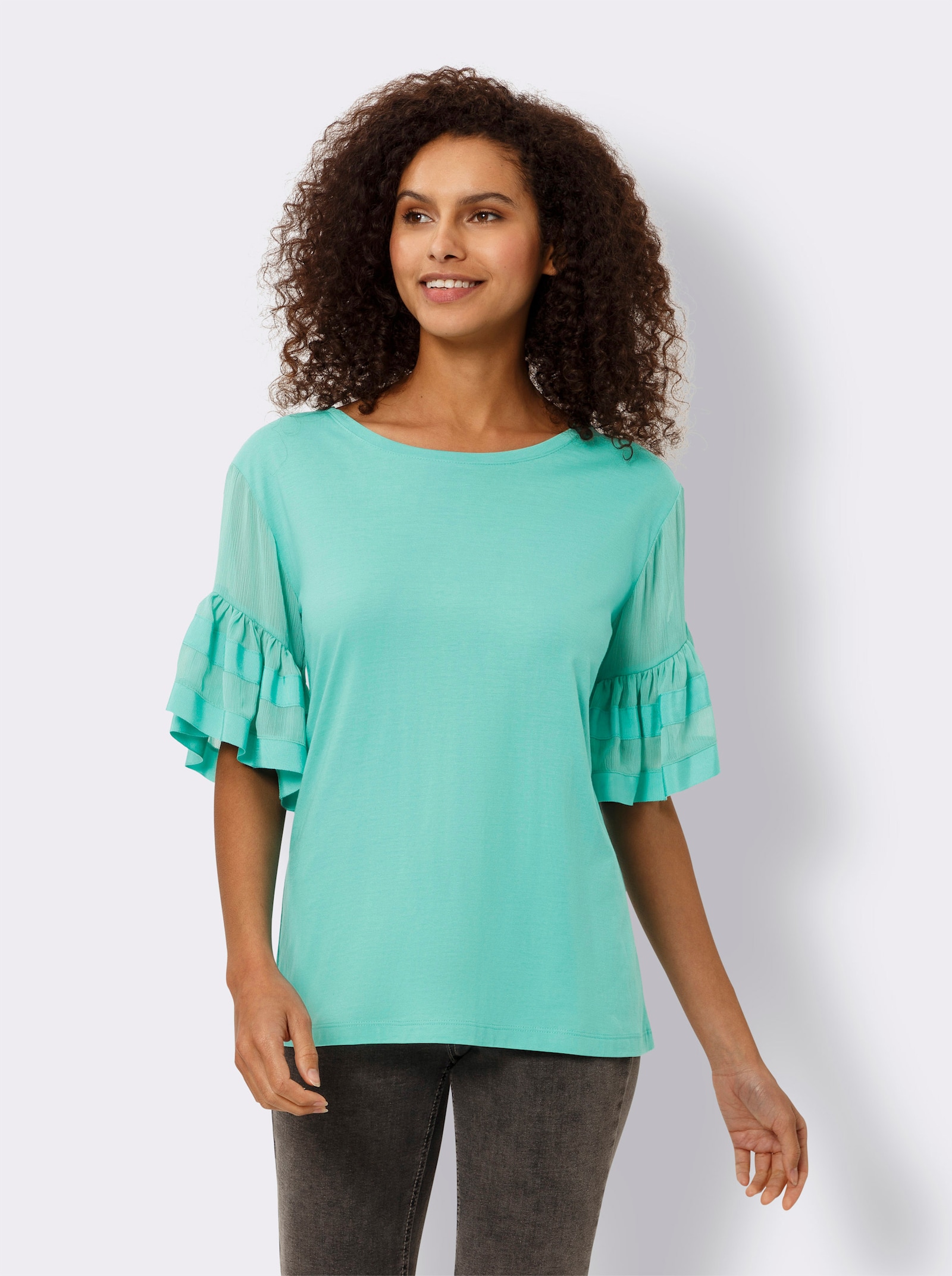 heine Rundhalsshirt mit Volant-Ärmel - blaugrün