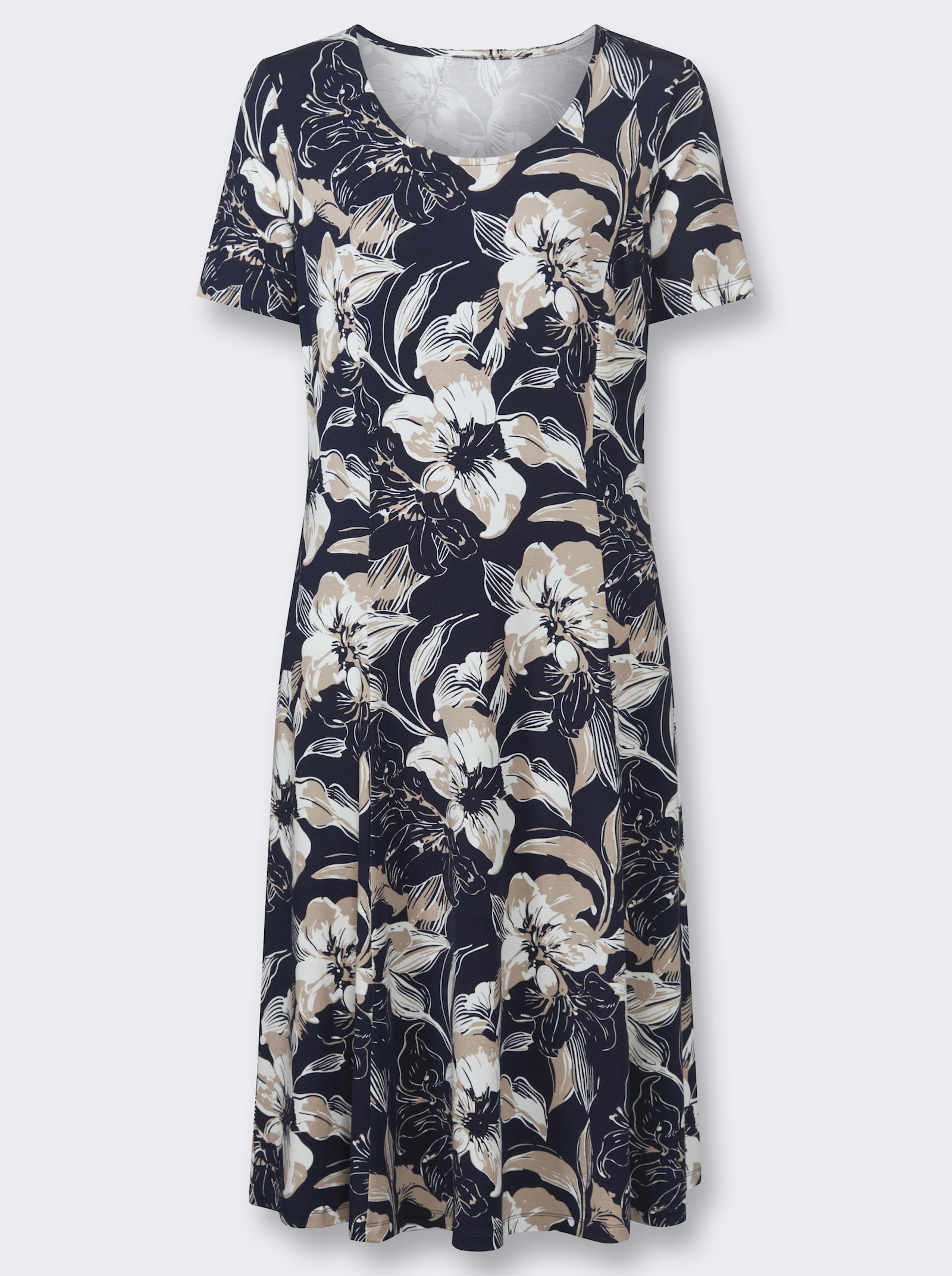 Jerseykleid mit Wiener Nähten - marine-beige-bedruckt