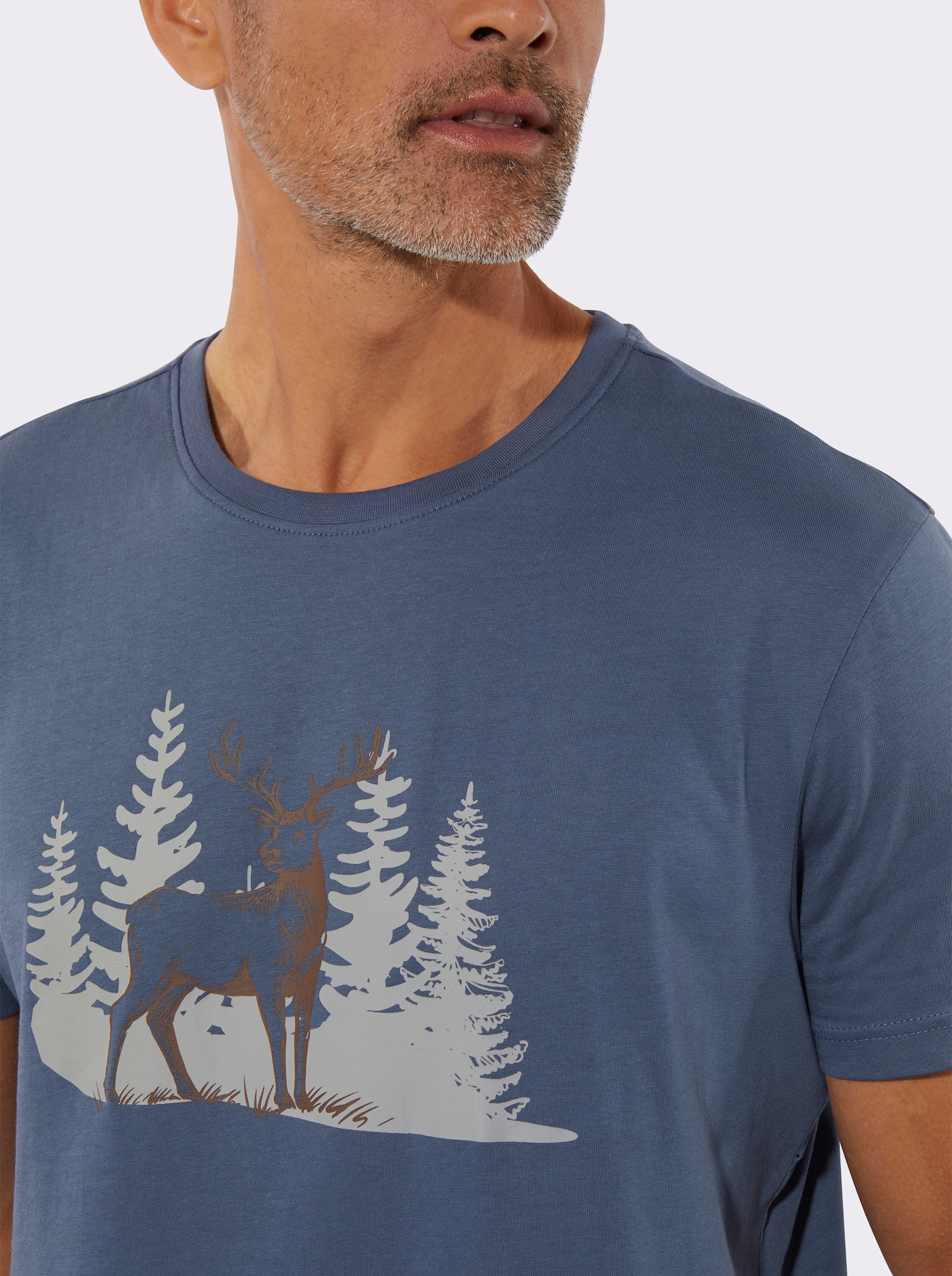 Kurzarmshirt mit platziertem Hirsch-Druck - rauchblau