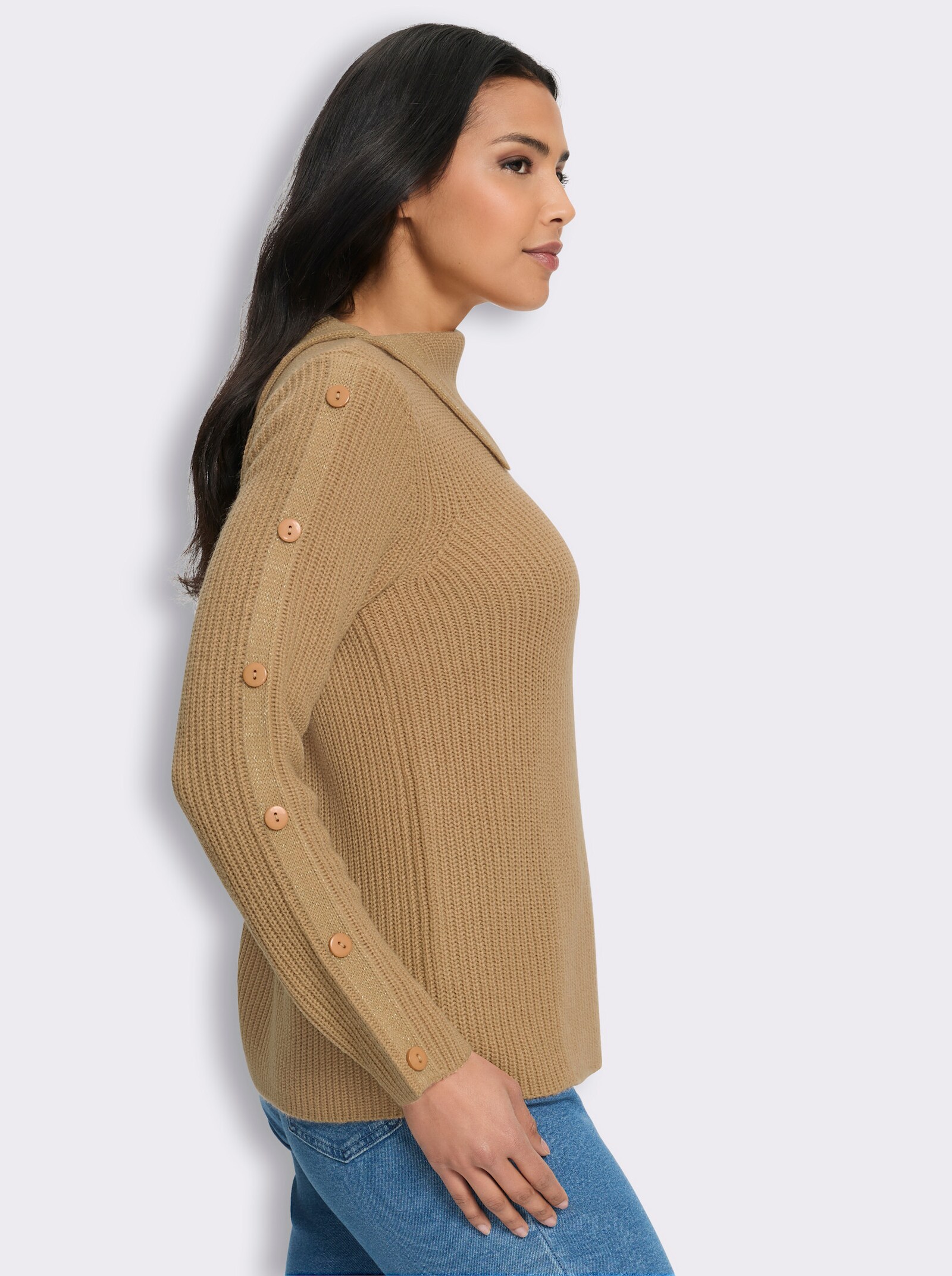 Langarm-Pullover mit asymmetrischem Kragen - camel