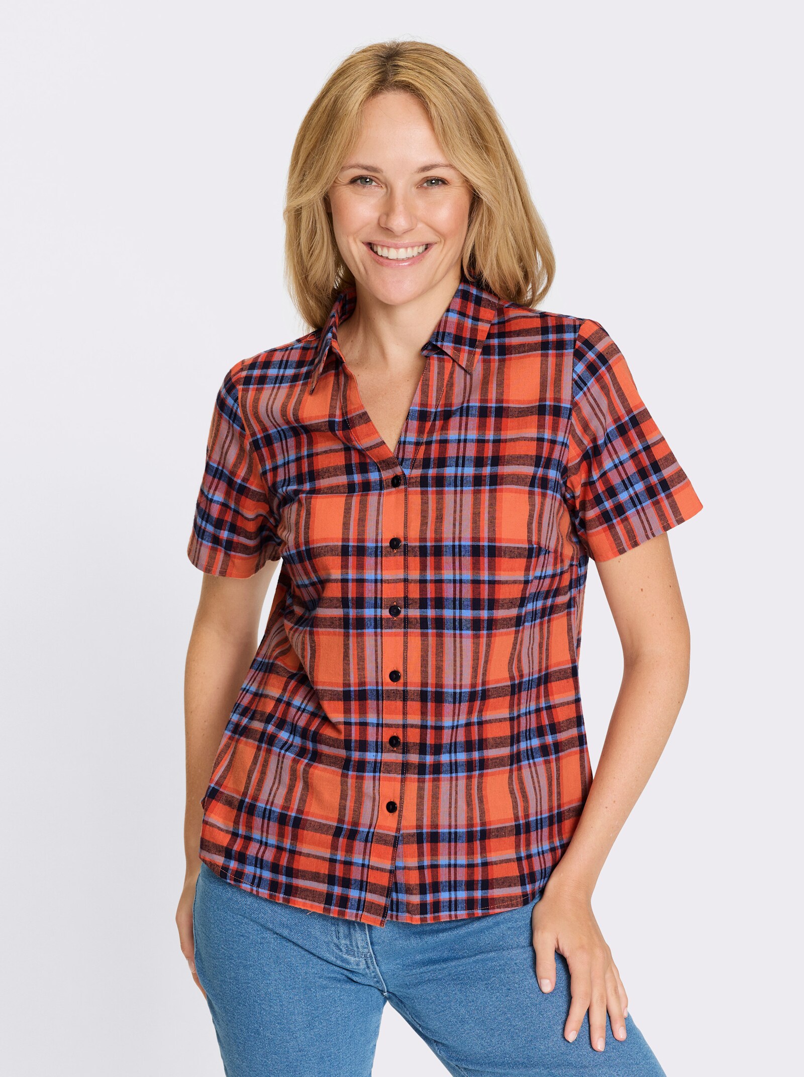 Karobluse aus reiner Baumwolle - papaya-himmelblau-kariert