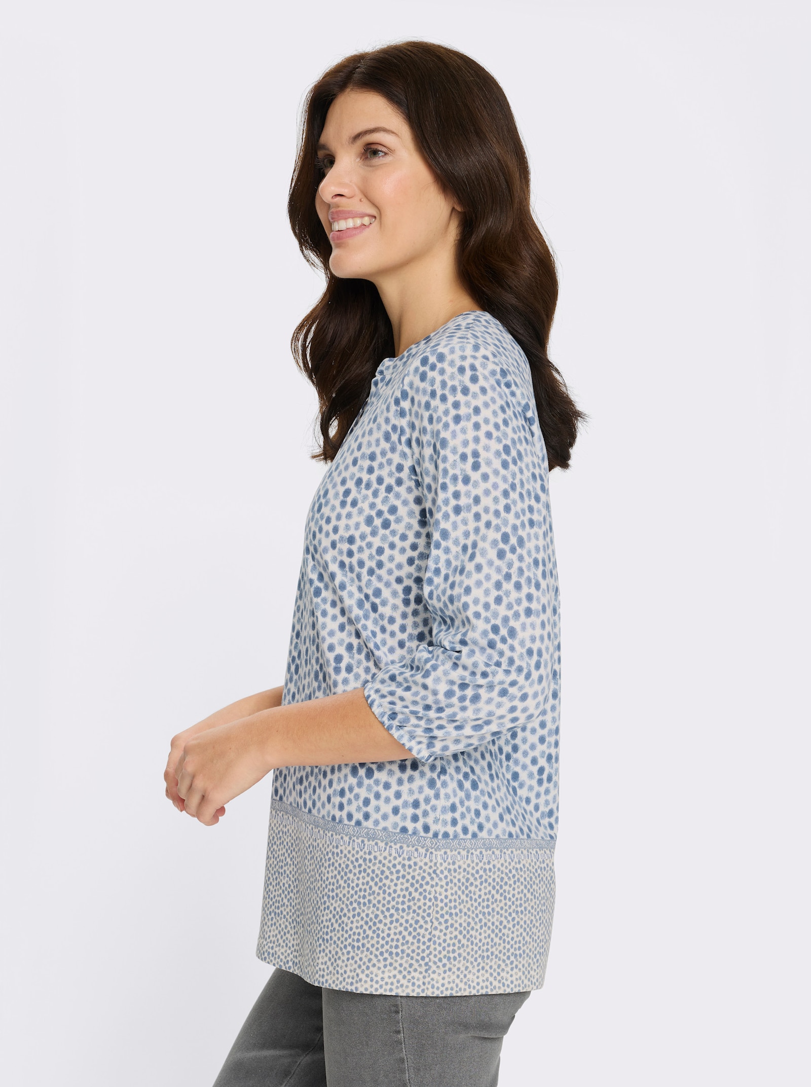 3/4-Arm-Shirt mit Fake-Bordüre - rauchblau-ecru-bedruckt