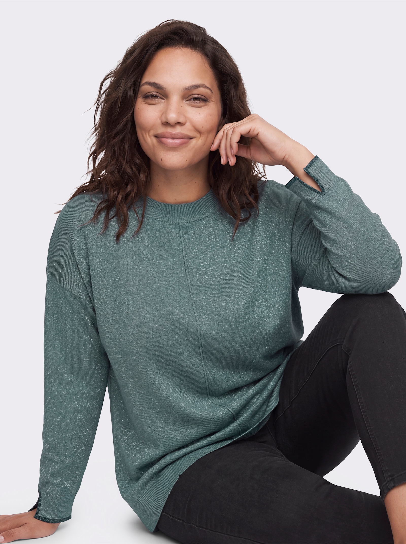 sheego Lurex-Pullover in weiter A-Linie - petrol