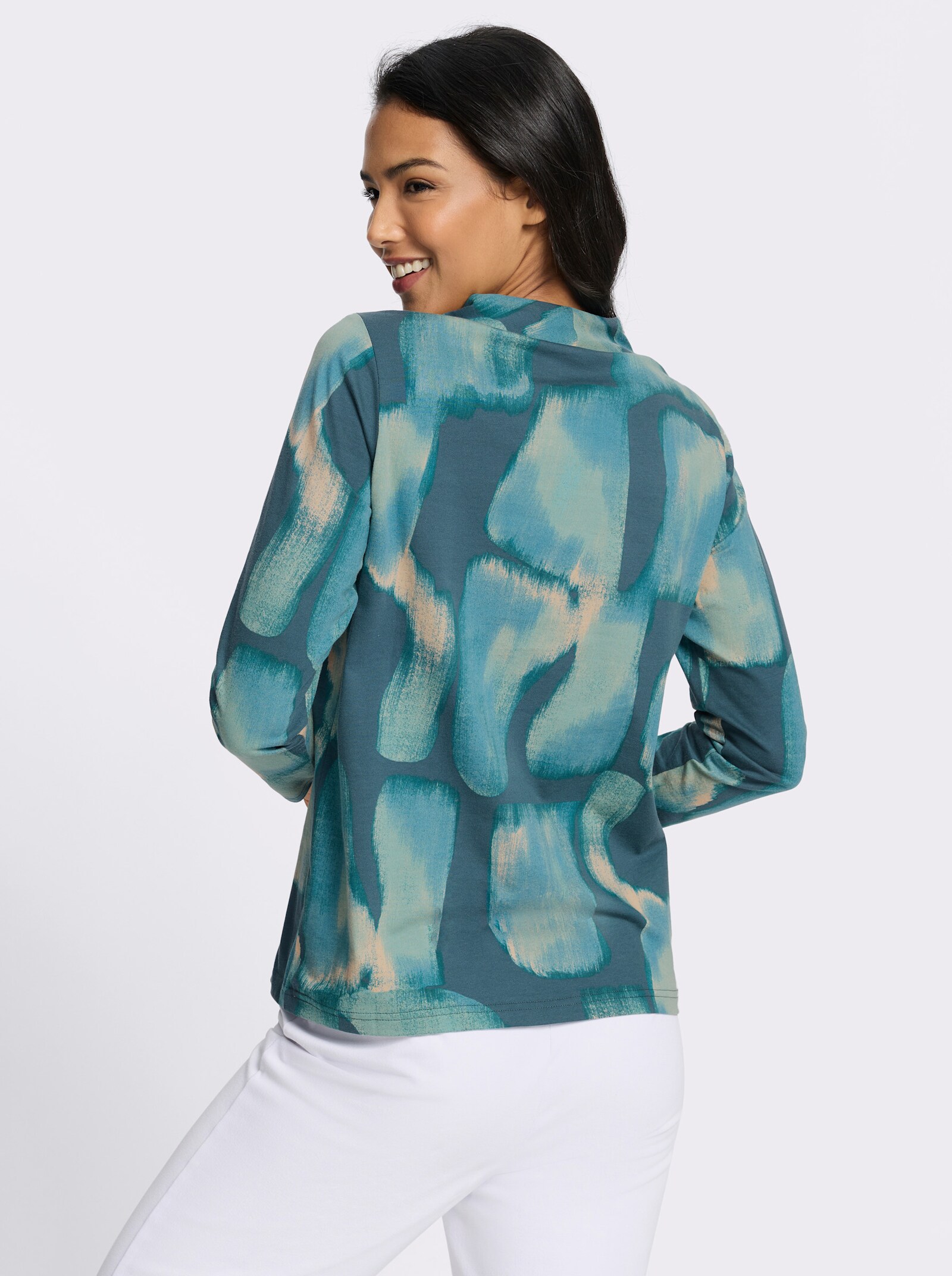 Stehkragenshirt mit Bindeband - ozean-petrol-bedruckt