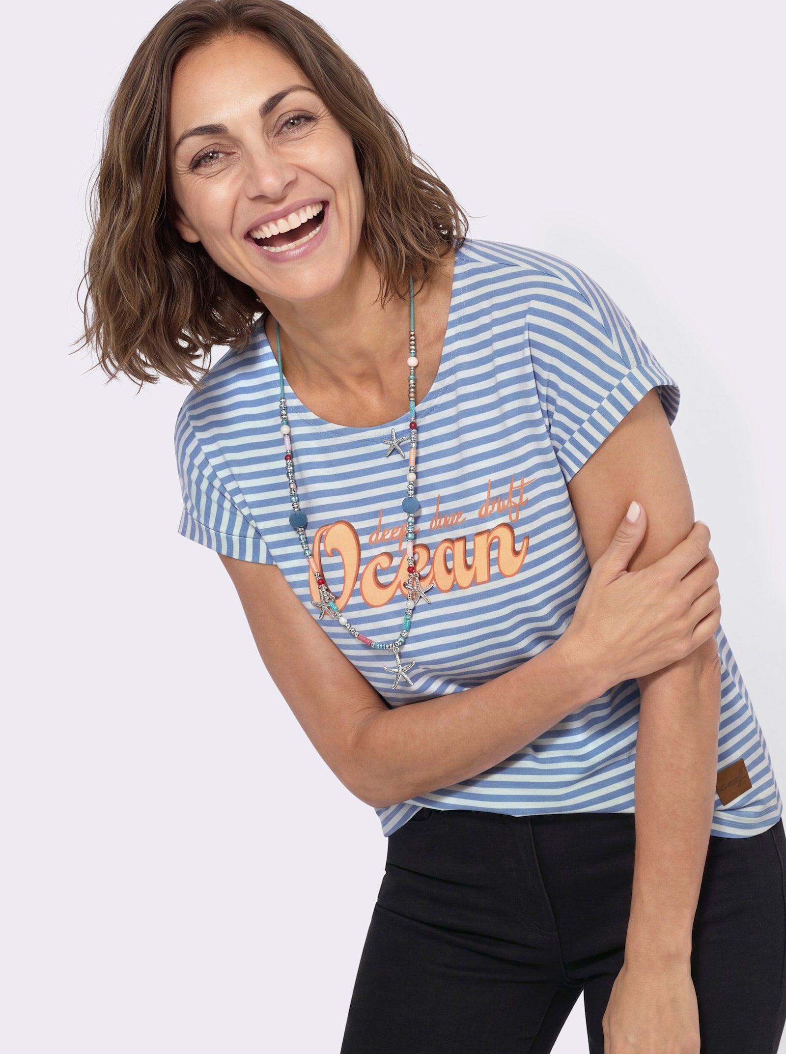 Ringelshirt mit Frontdruck - mittelblau-ecru-geringelt