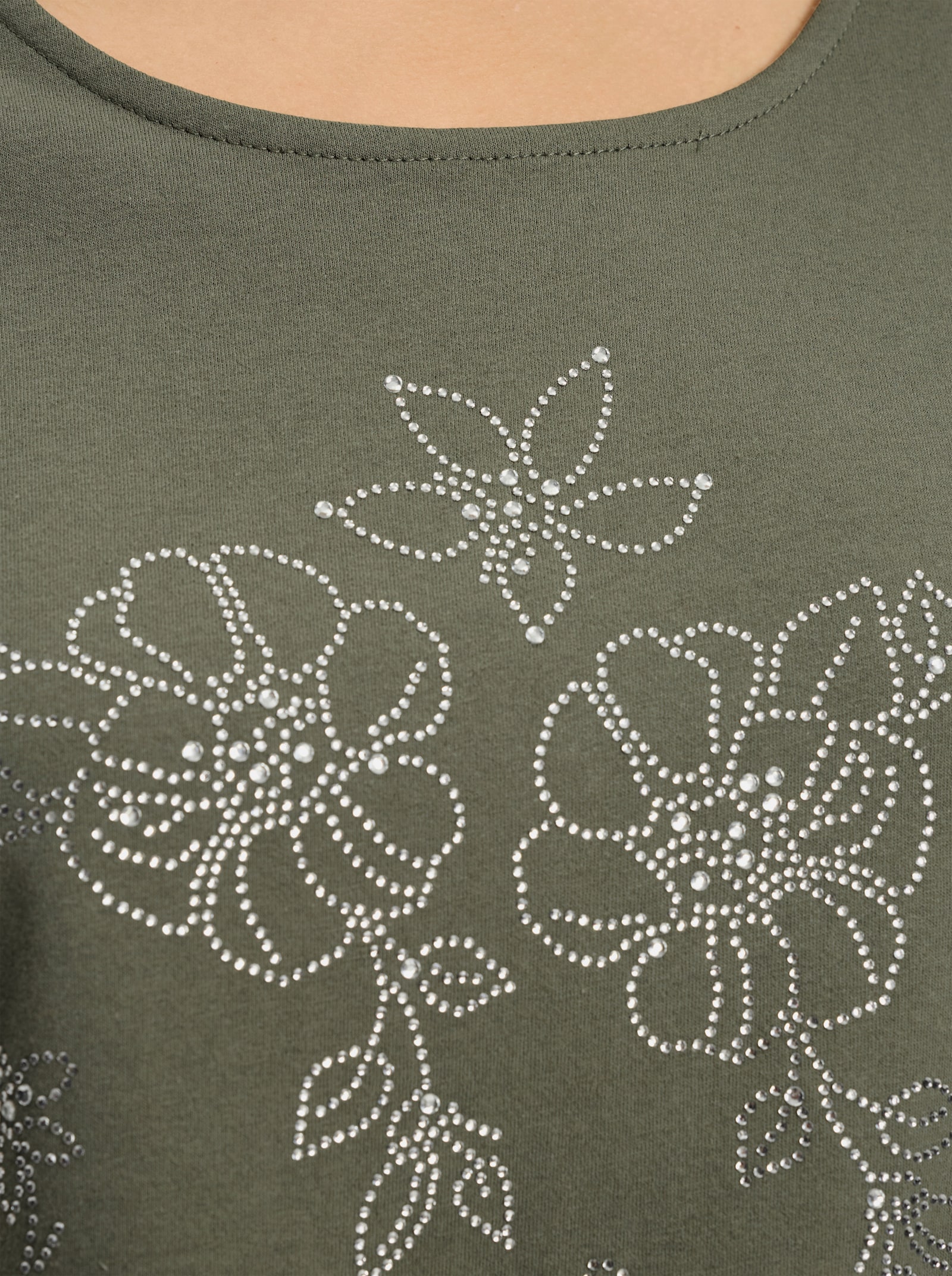 Rundhalsshirt mit Glitzersteinchen-Blüten - khaki