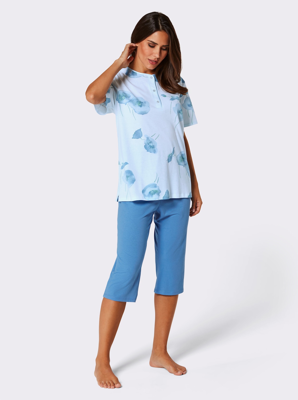 Pyjamas med capribyxa - blekblå, tryckt