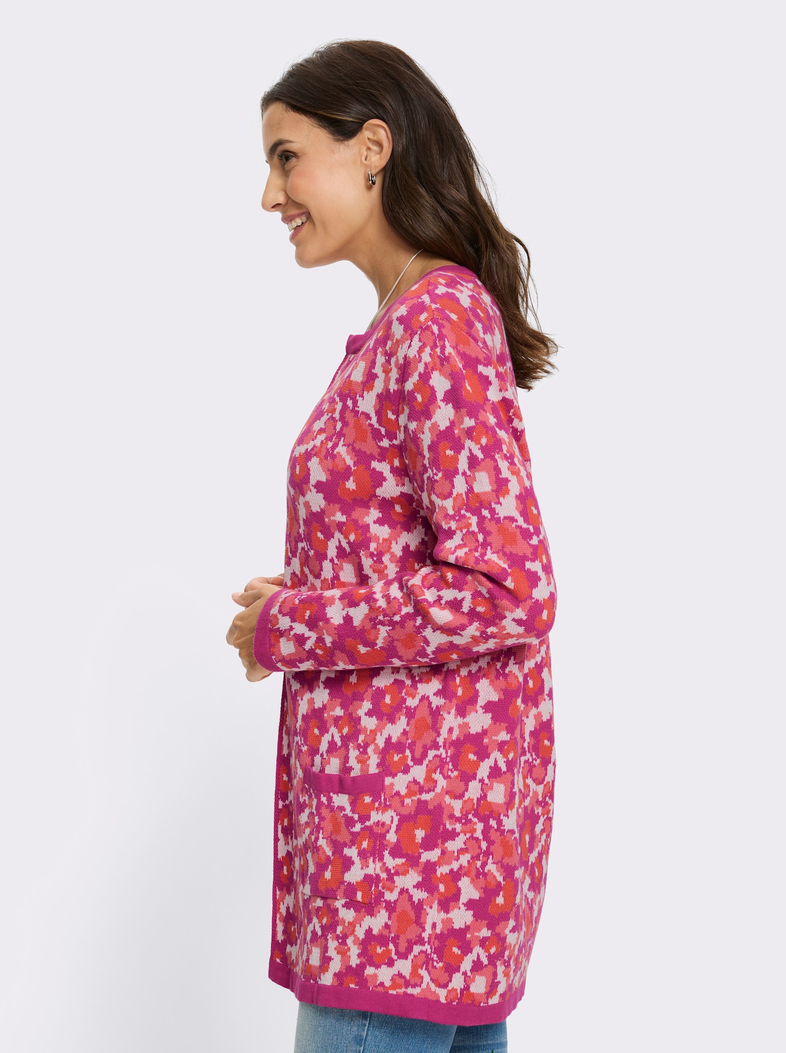 Jacquardstrickjacke mit 2 Taschen - fuchsia-koralle-gemustert