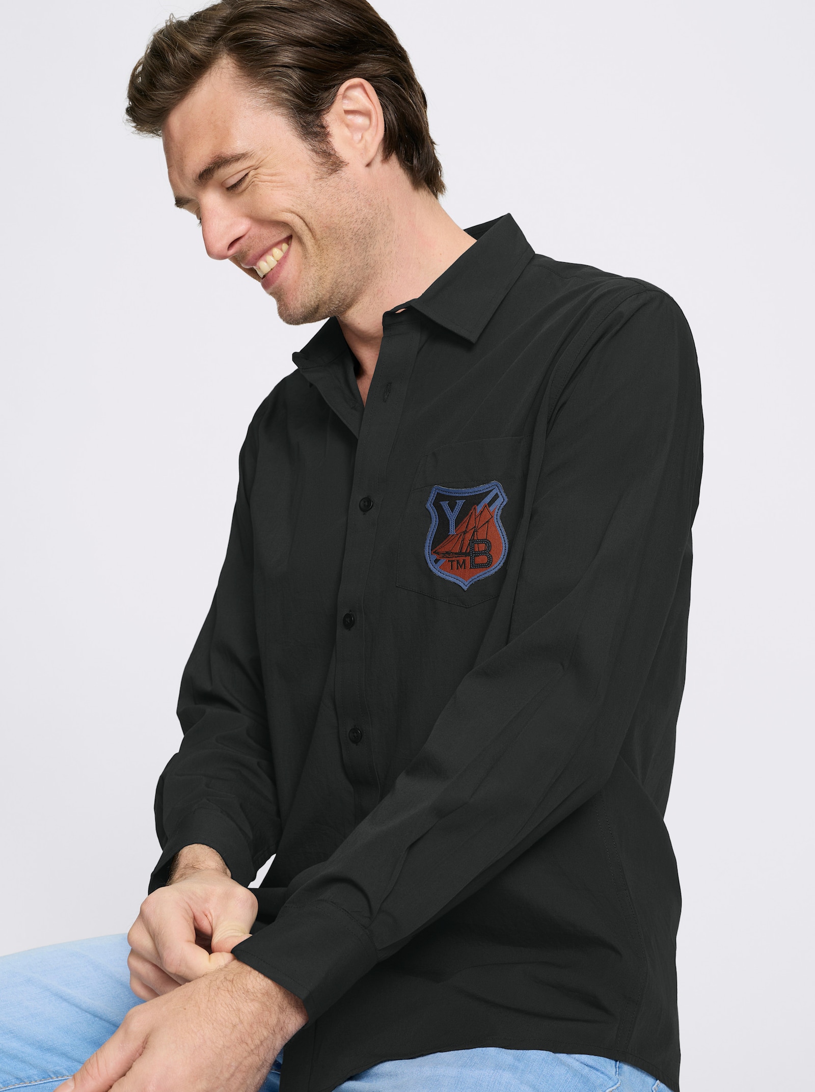 Catamaran Langarmhemd aus reiner Baumwolle, Popeline - graphit