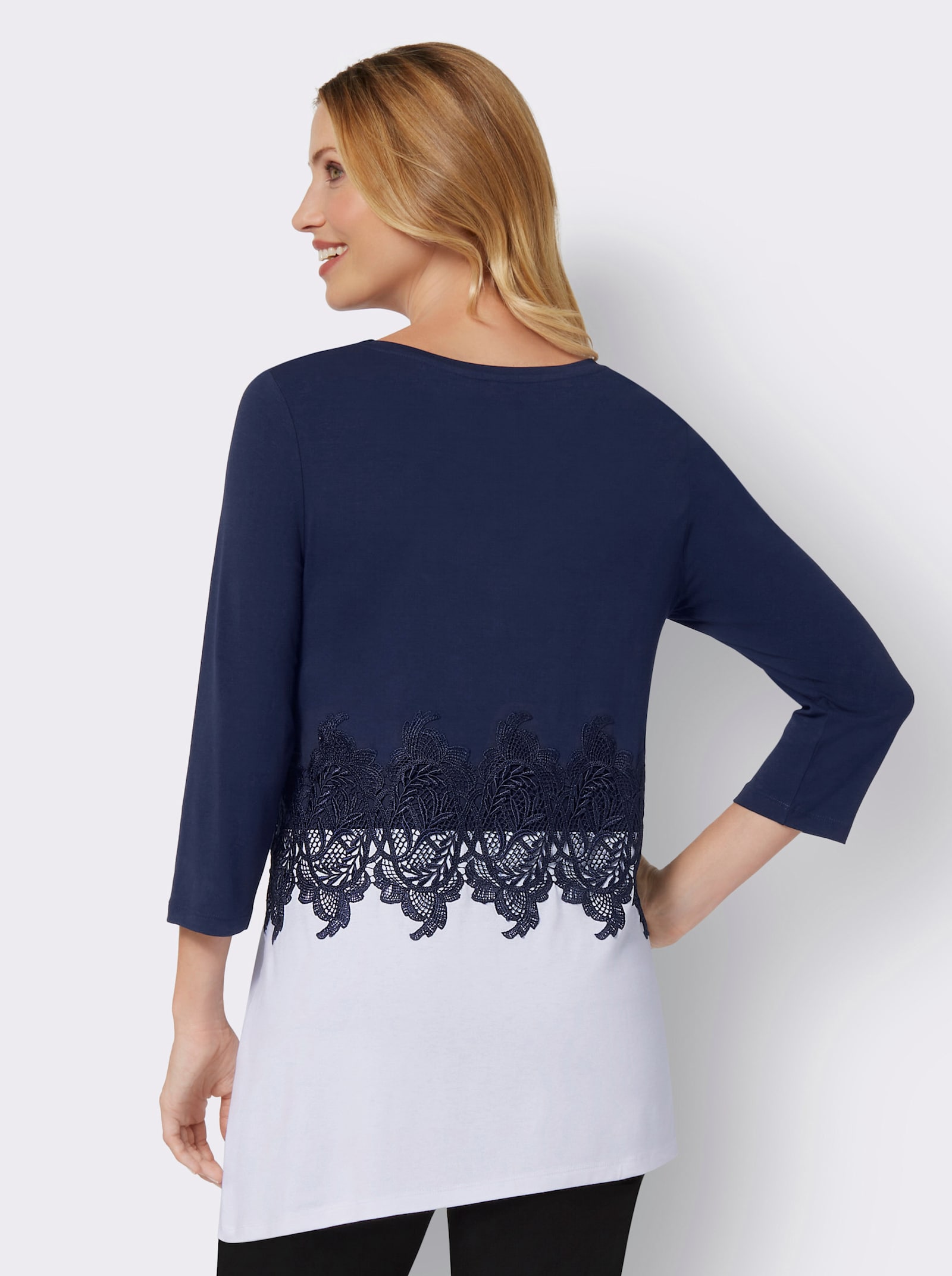 3/4-Arm-Shirt mit floraler Spitze - marine-weiß
