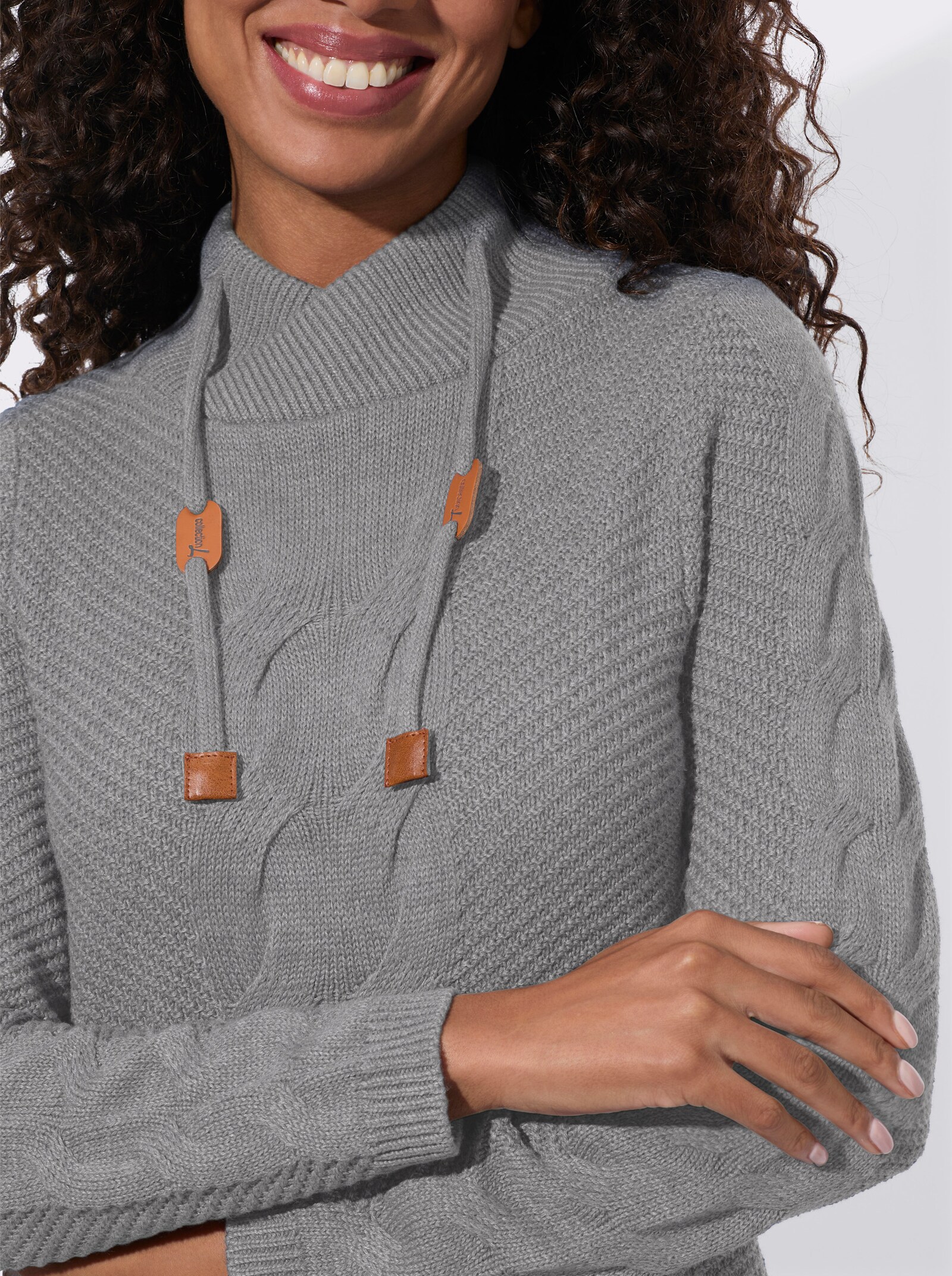  Longpullover mit Zopfmuster - steingrau-meliert