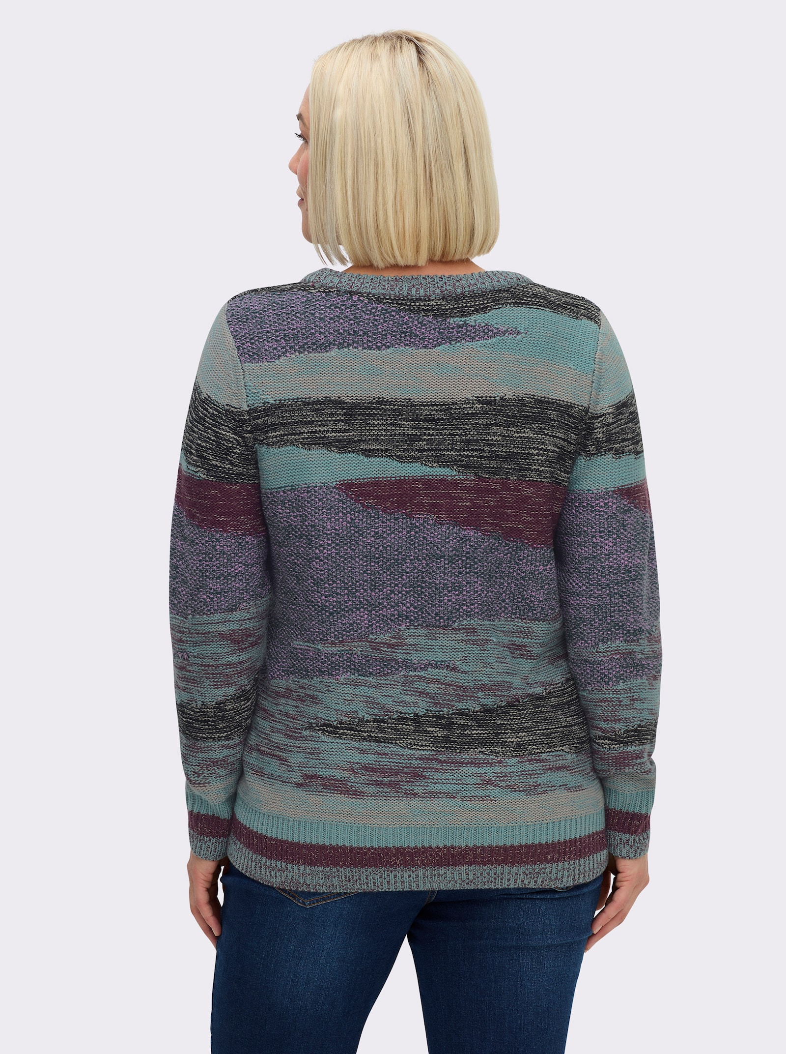 Strickpullover mit farbigen Rippbündchen - jade-steingrau-gemustert