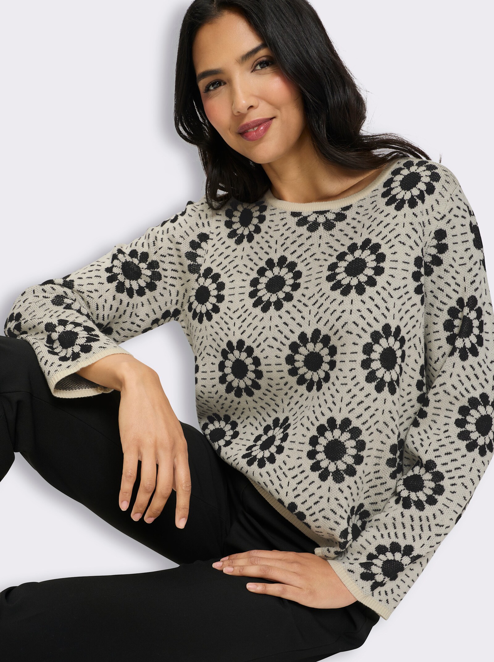 Jacquard-Pullover mit Blumen-Muster - champagner-schwarz-gemustert