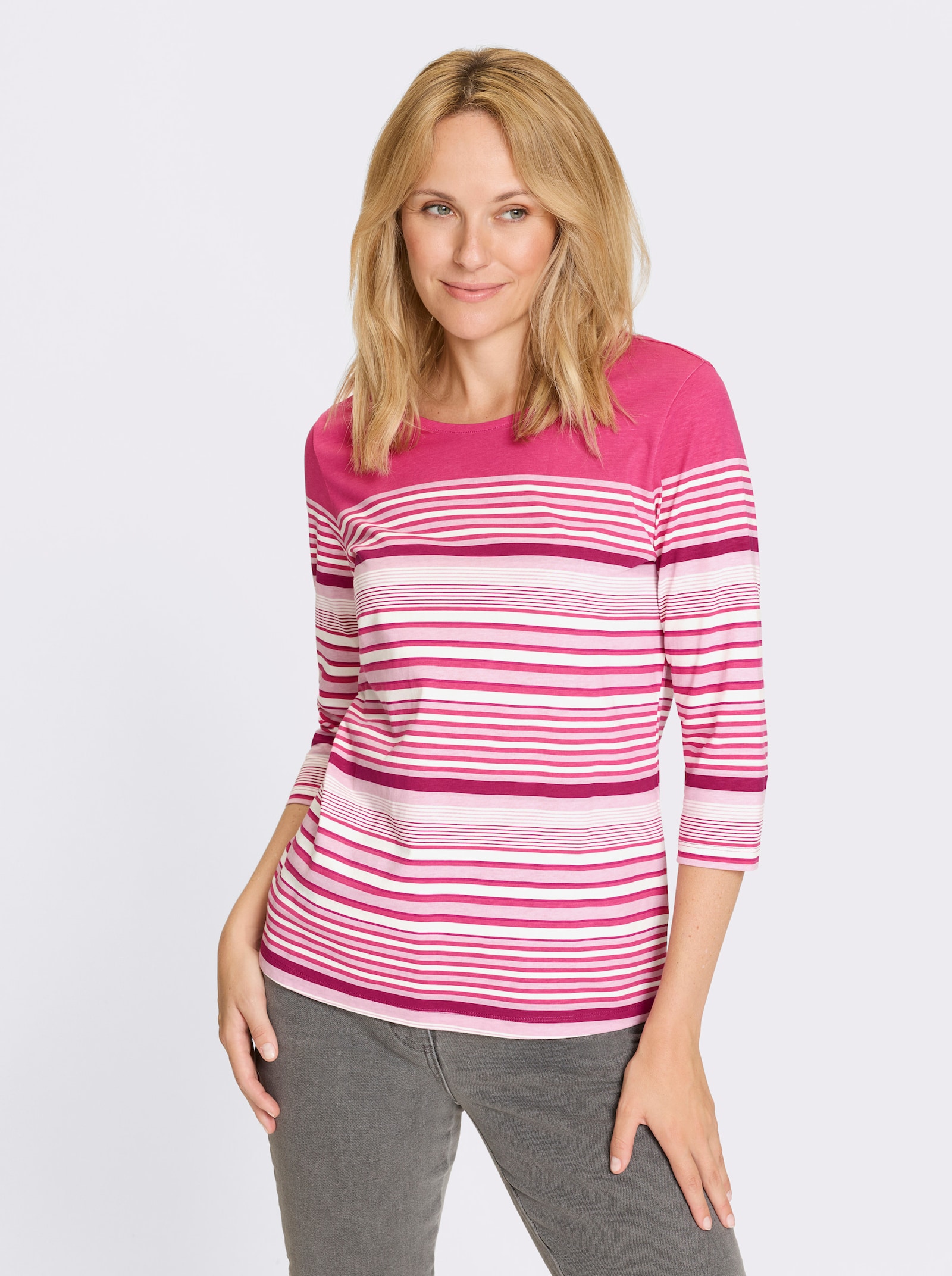 3/4-Arm-Shirt aus Baumwolle, gestreift - fuchsia-ecru-geringelt