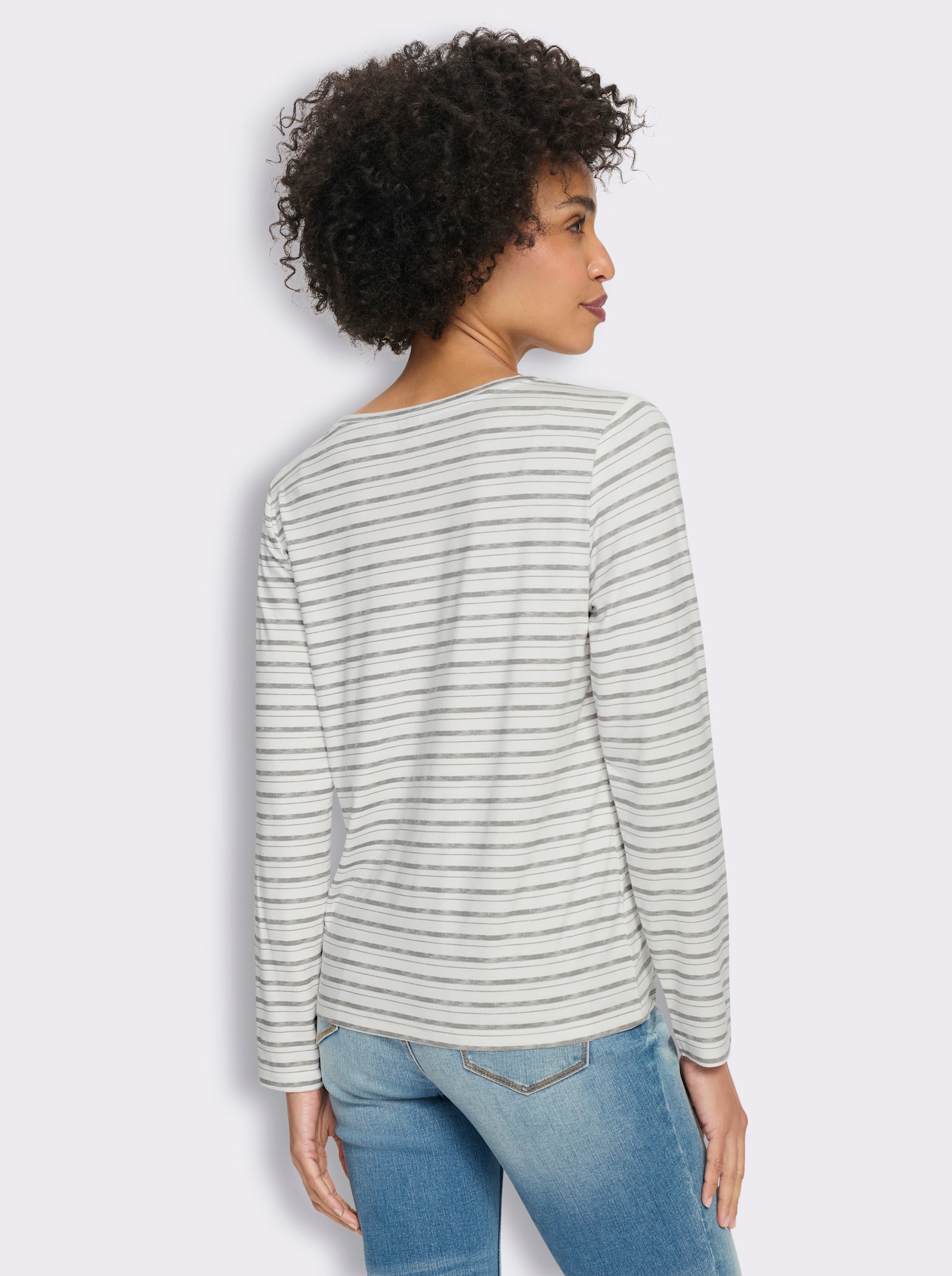 heine Langarmshirt mit Ringel- und Blüten-Print - grau-ecru-geringelt
