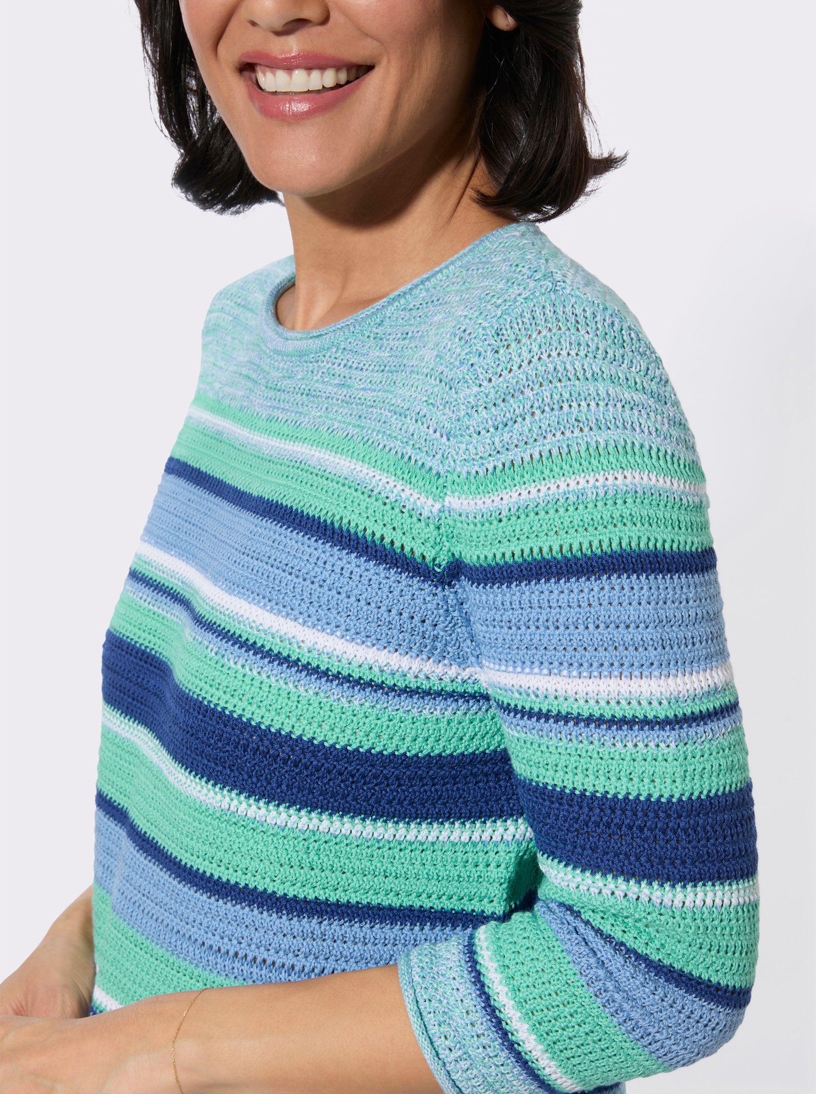 Rundhalspullover in Melange-Optik - blaugrün-weiß-gemustert