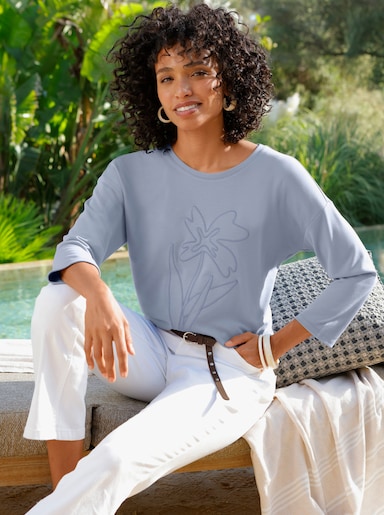 heine 3/4-Arm-Shirt mit Blumen-Applikation - taubenblau