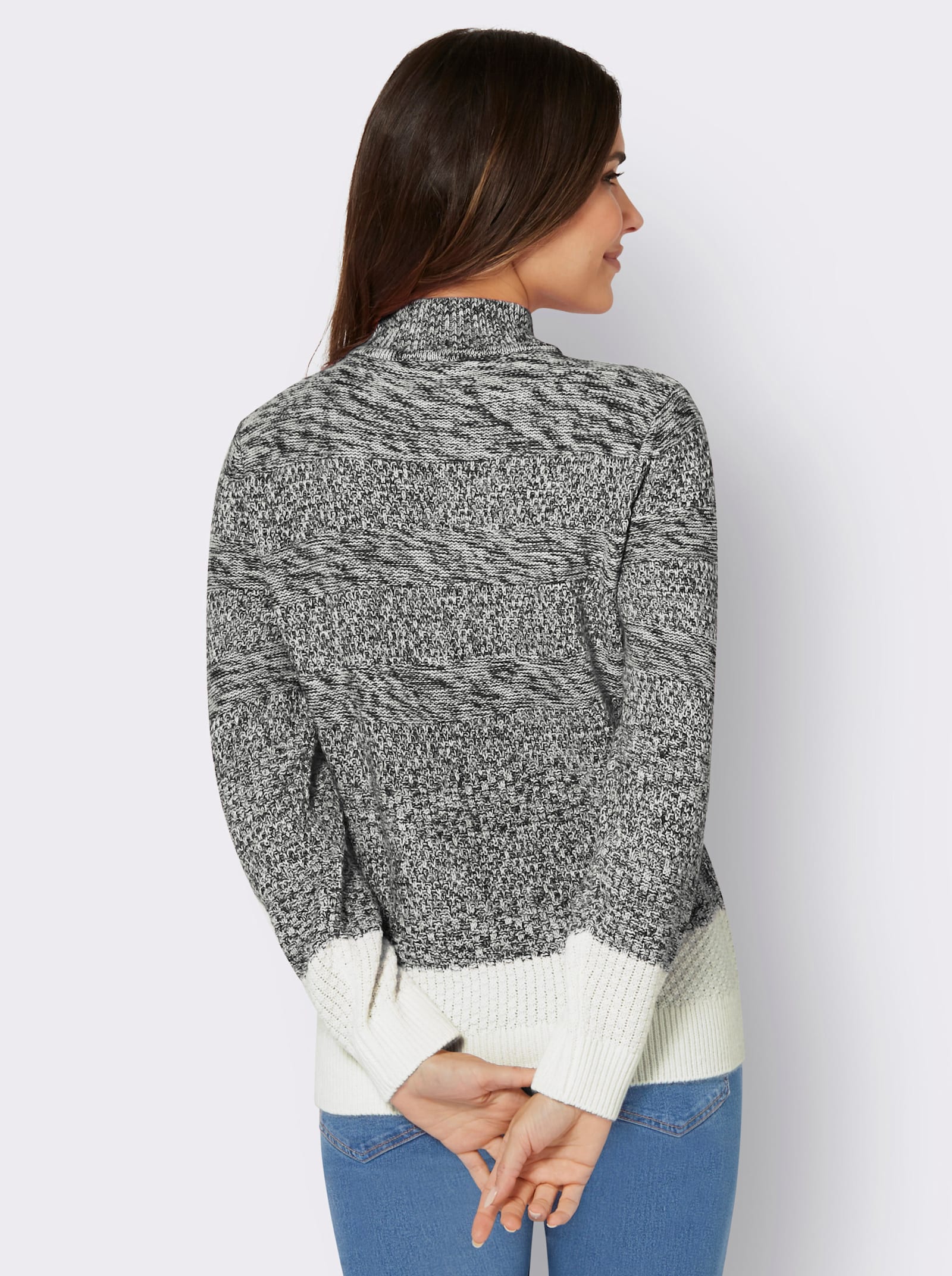 Stehkragenpullover mit Strickmuster-Mix - schwarz-ecru-meliert