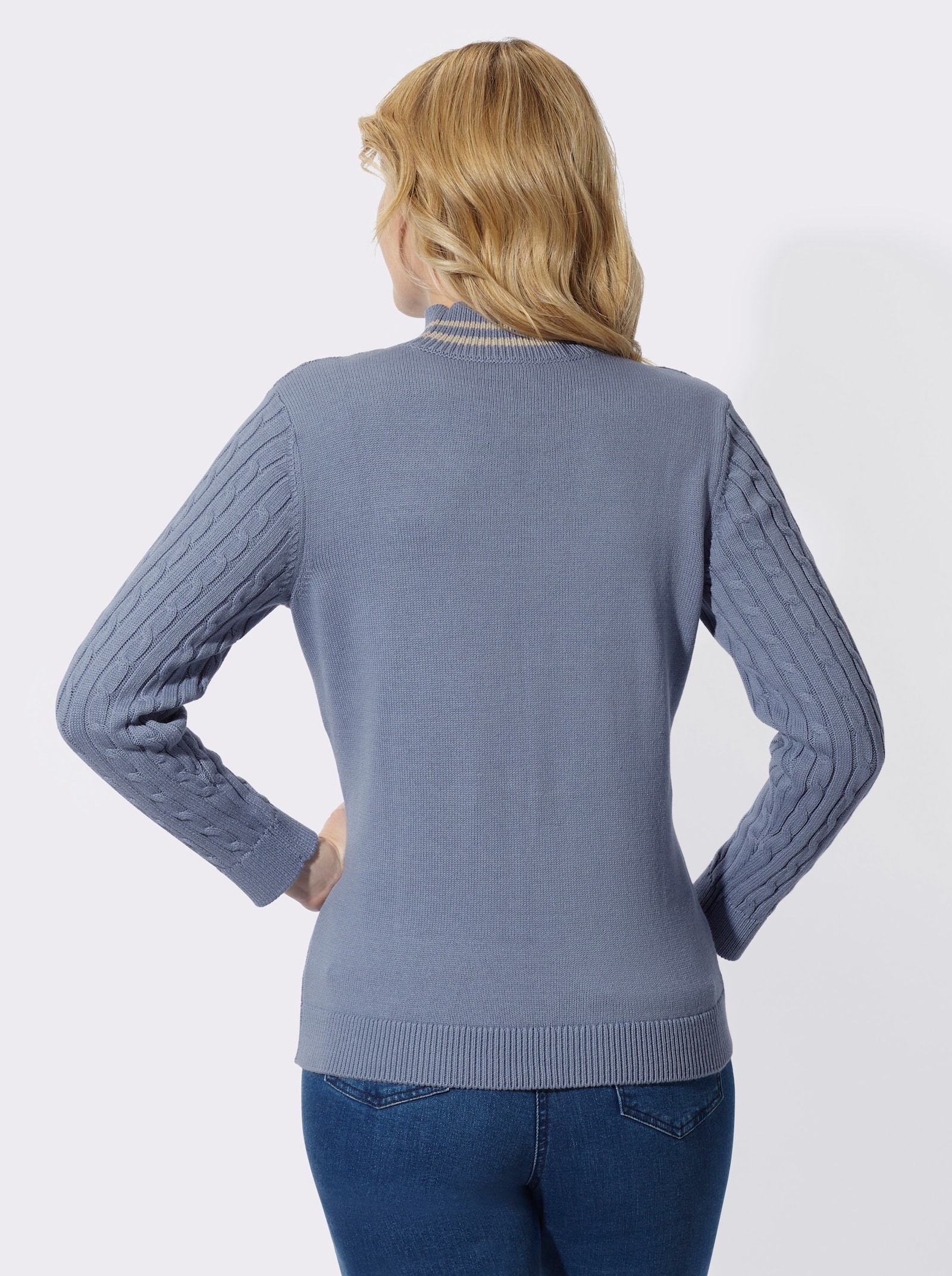 Stehkragenpullover mit Zopfmuster - taubenblau-sand